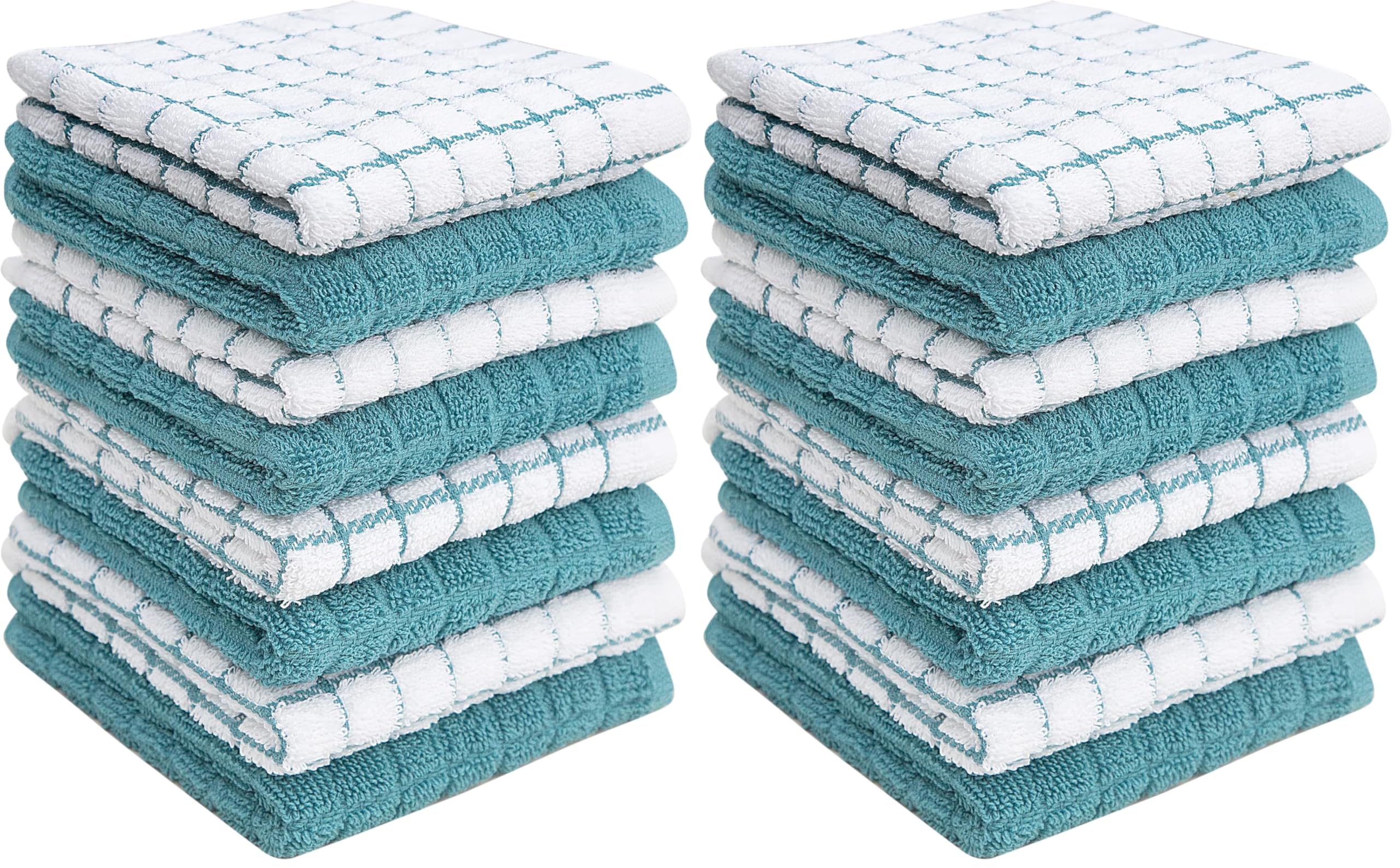 Bumble Premium Cotton Dish Cloths (12" x 12") Aqua Check Design | Highly Absorbent | Natural Ring Spun Cotton | Kitchen Dish Towel Set | 380 GSM - 16 Pack