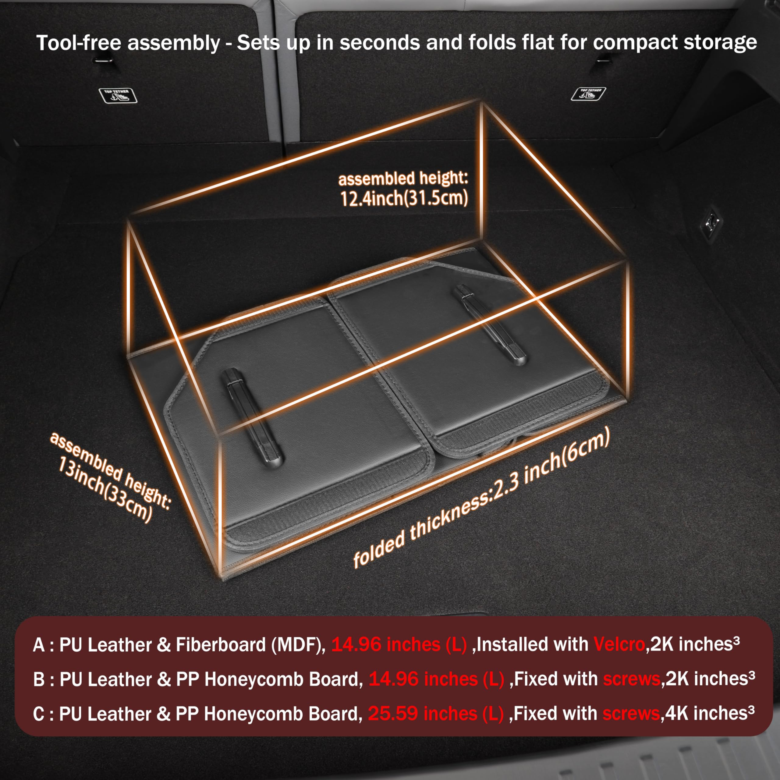 Organizador de cajuela, organizadores de coche y almacenamiento, caja de almacenamiento de cuero negro con tapa, tablero de fibra, plegable, 2 K pulgadas ³ (tamaño A)