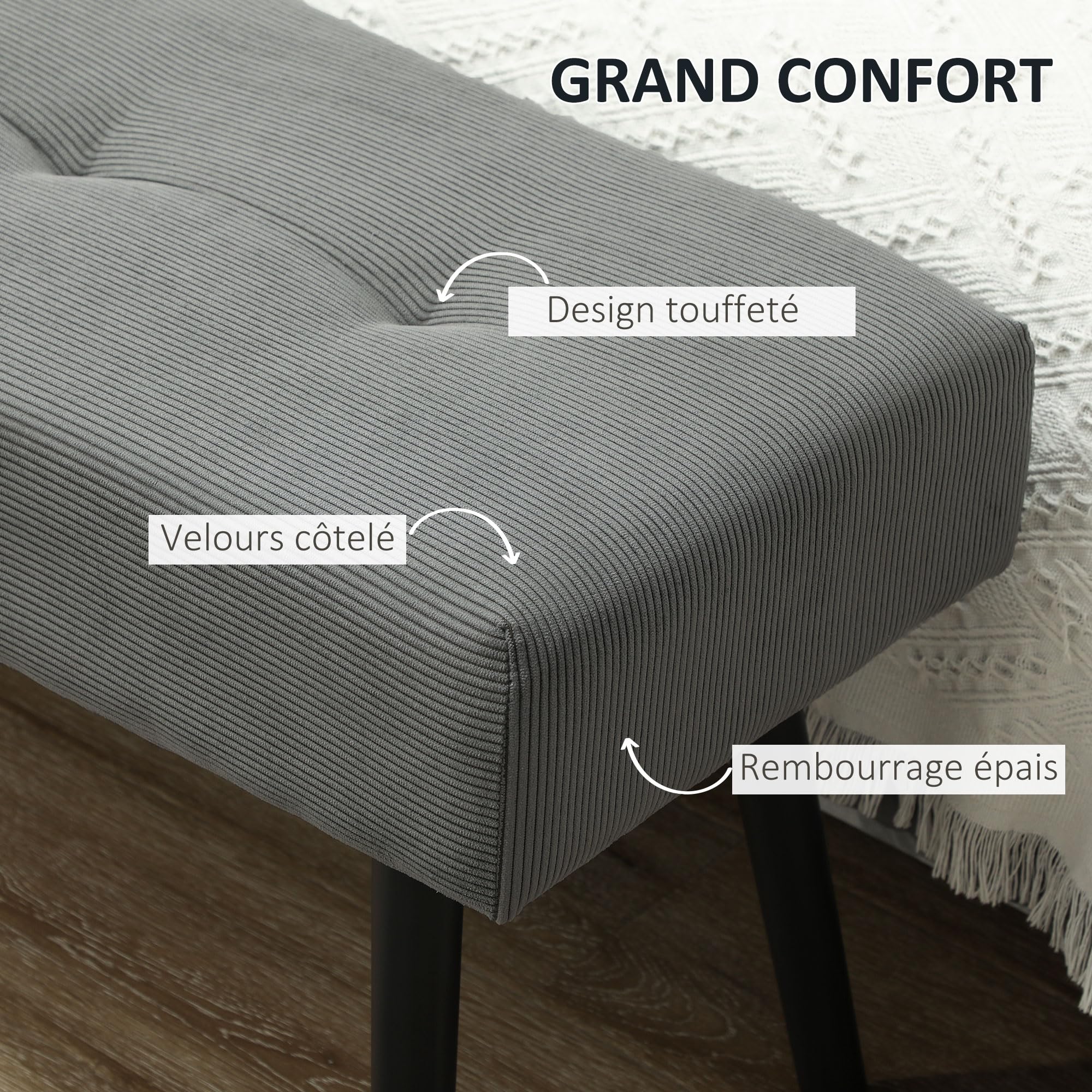 HOMCOM - Banco de banco moderno con punta de cama acolchada de pana y patas de acero negro, ideal para entrada, salón, dormitorio, carga 220 kg, 100 x 36 x 45 cm, color gris