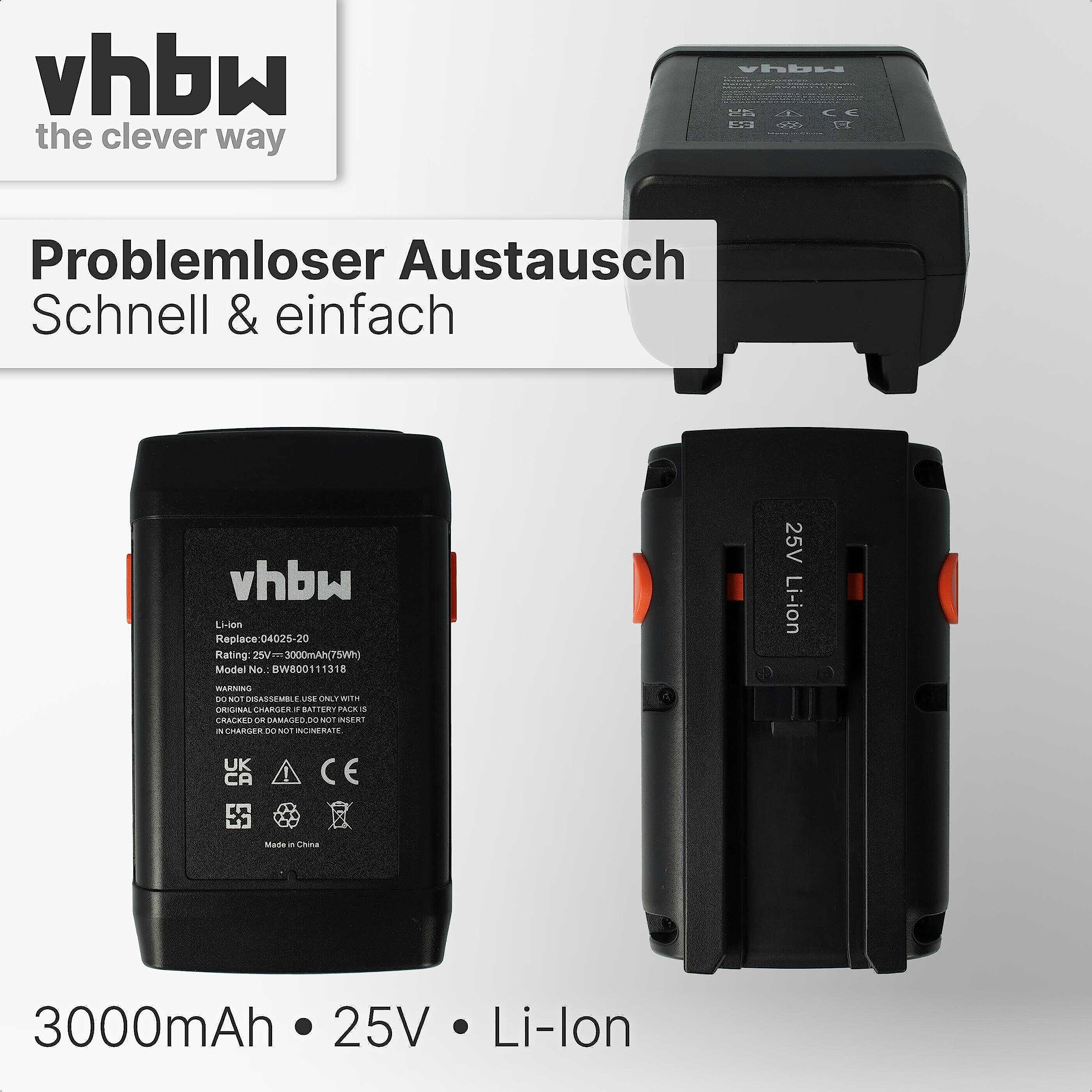 vhbw Batería reemplaza Gardena 8838, 8838-U, 8838U, 04025-20, 8838-20, 4025 para cortacésped 3000mAh 25V Li-Ion