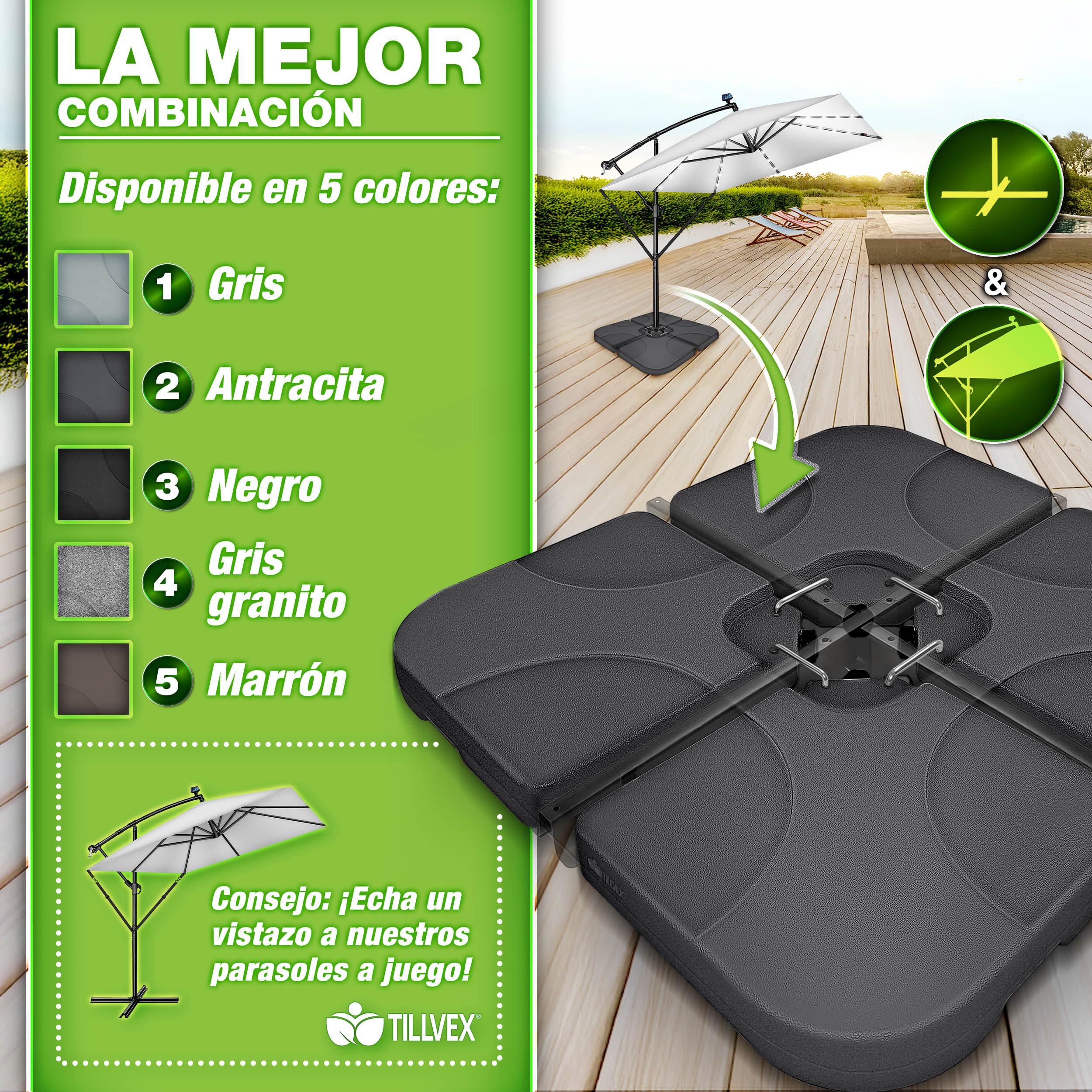tillvex Soporte para sombrilla de 60 litros / 80 kg – 4 piezas para sombrilla de poste, incluye conectores metálicos | Peso de la sombrilla rellenable con agua o arena | Soporte para sombrilla de