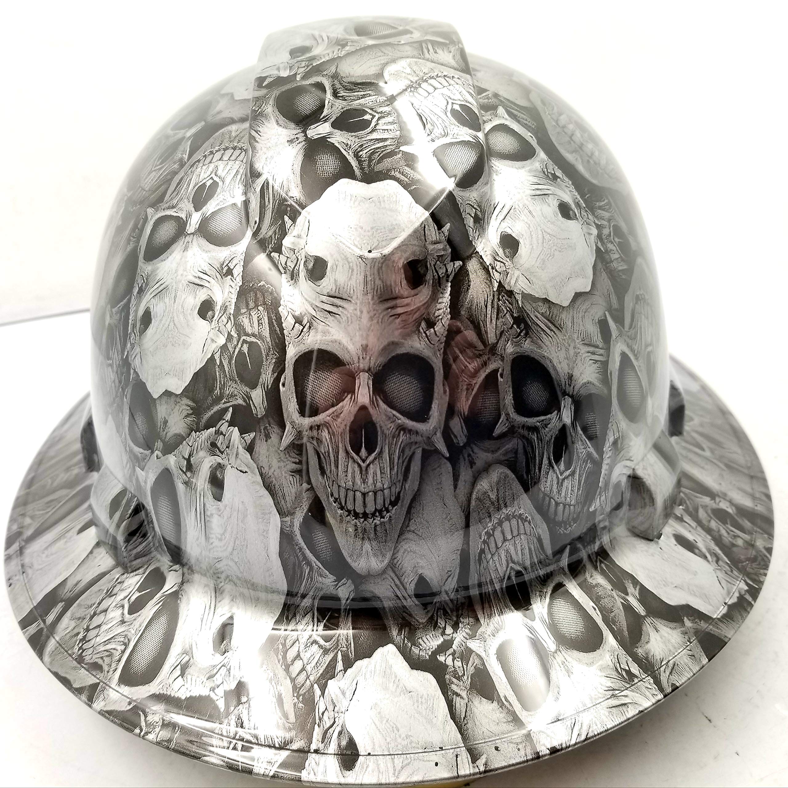 Wet Works Imaging Customized Pyramex Full Brim Engraved Skulls Hard HAT  with Ratcheting Suspension Custom LIDS Crazy Sick Construction PPE
