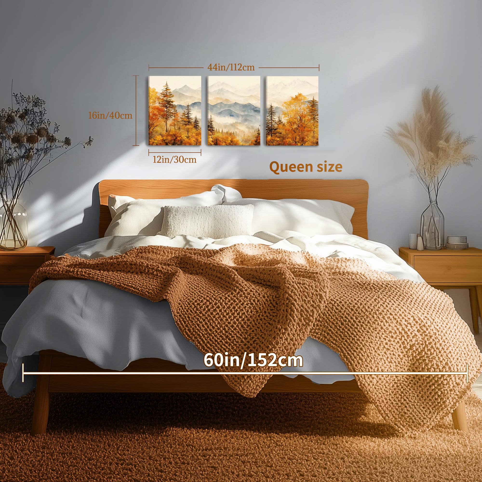 MHARTK66 Aquarell Gold Wald Leinwand Bilder Set Wohnzimmer, Herbst Durchgehende Bergkette Landschafts Wandbild Schlafzimmer, Gelb Abstrakt Bilde Aesthetic, Modern Minimal Wandeko Badezimmer Flur Büro