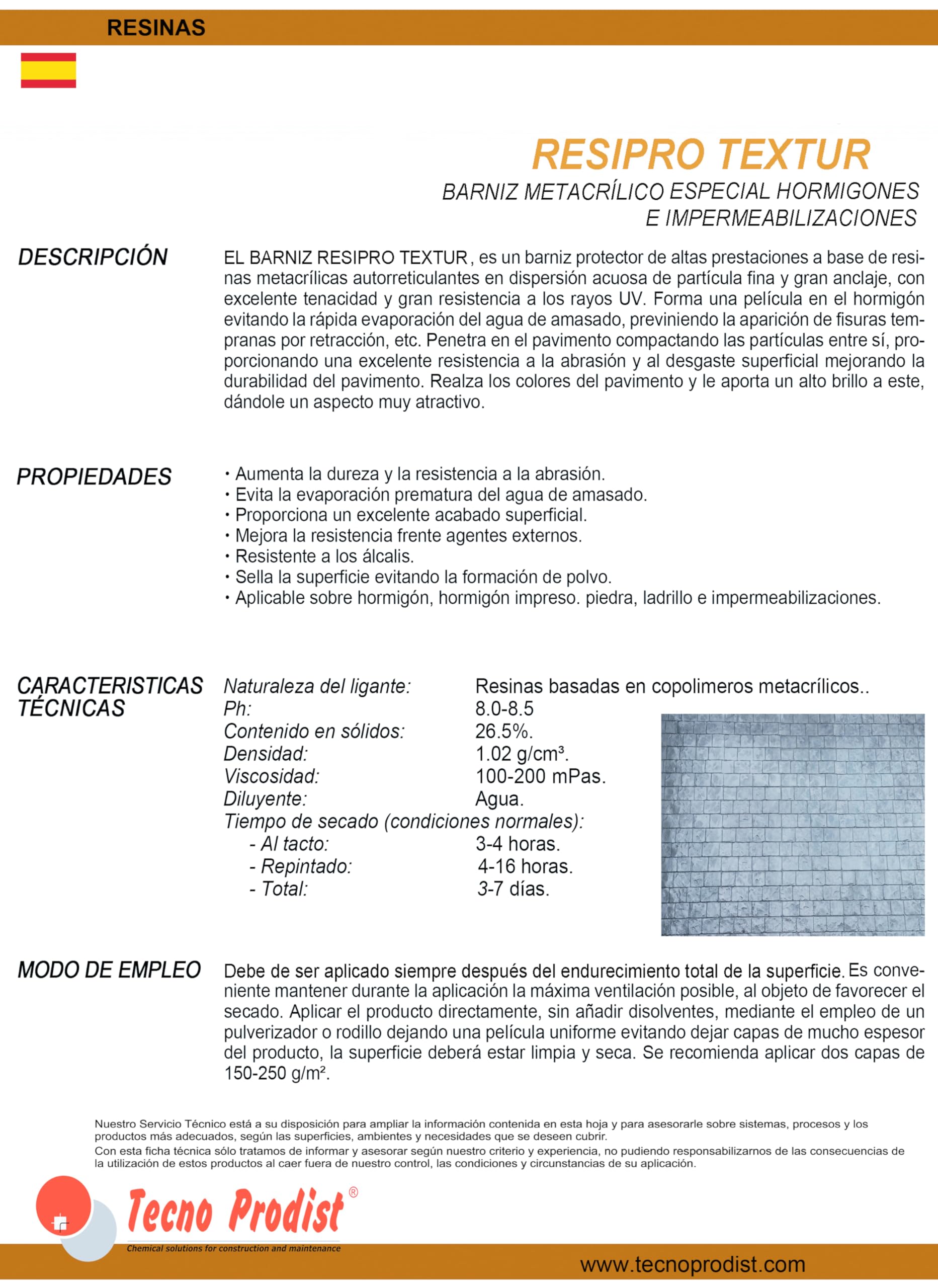 RESIPRO TEXTUR de Tecno Prodist (10 litres) Vernis protecteur à l'eau pour béton imprimé, haute performance, base en résines, grande ancrage, résistance et durabilité, non jaunissement, Incoloro.