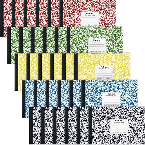 Fainne Paquete de 30 cuadernos de composición de tamaño medio de 4-78 x 7-12 pulgadas de ancho, con rayas de media página, cuaderno de composición