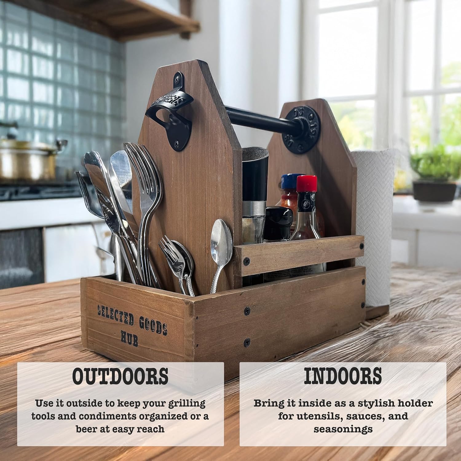 Wooden Grill Caddy Organizer - Versatile BBQ Caddy for Outdoor grill - Portable rustic wood condiment and paper towel holder with bottle opener for picnic and grilling