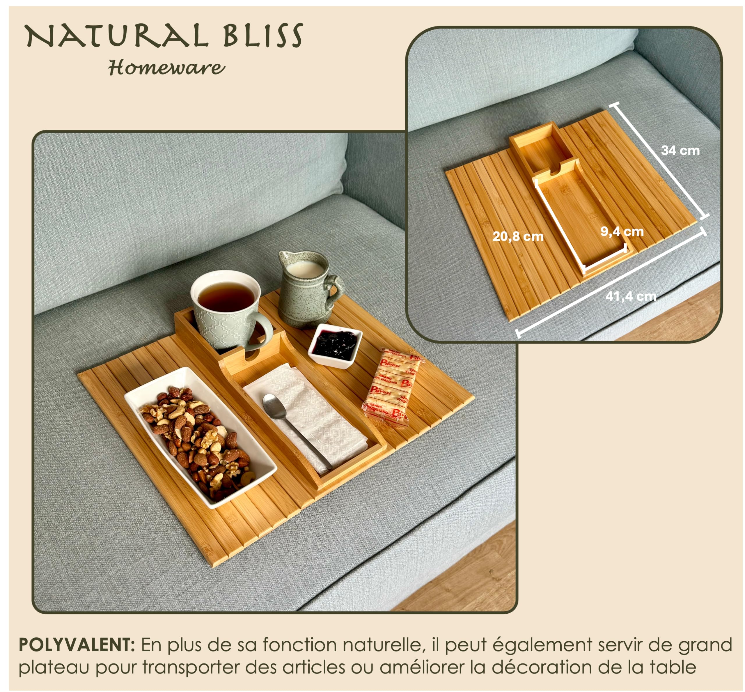 Natural Bliss – Table d’appoint en Bambou pour Accoudoir Canapé | Plateau Repas Antidérapant, Pliable et Réglable pour Tasse | Organisateur & Porte Télécommande et Téléphone