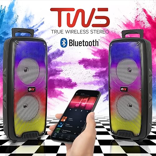 Miniatura 5 de QFX LMS-66 TWS Altavoz portátil recargable Bluetooth con altavoces duales de 6.5 pulgadas, comunicación EDR y luces de fiesta de movimiento líquido