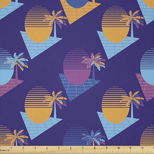 Miniatura 1 de Lunarable Tela Synthwave de The Yard, estilo retro de los años 80 palmeras y estampado de sol a rayas como vaporola, tela de microfibra para artes y