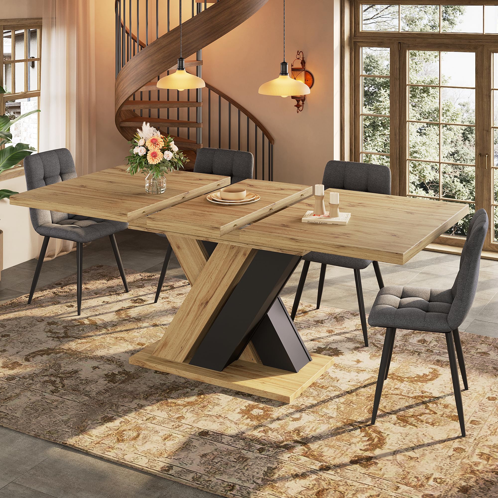 Merax Extendable Dining table 119-158.5 * 80 * 75cm, Space-Saving Kitchen Table, elegant modern wood grain finish design,X-shaped legs, for 6-8 People, for Dining Room,Living Room,Kitchen โ image 1
