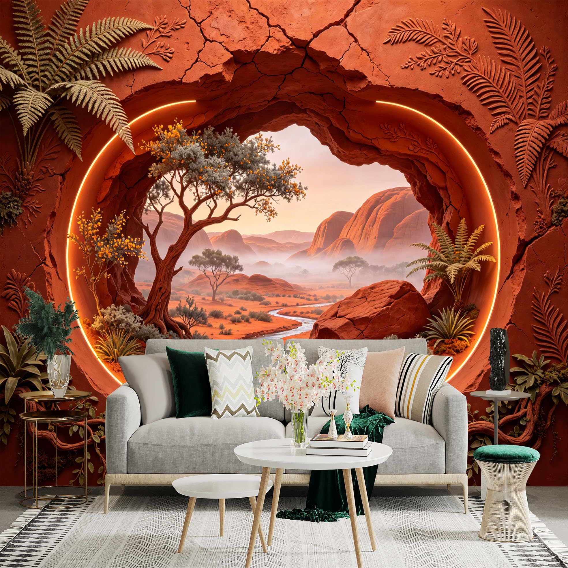 Custom Size Wall Sticker Mural， Desert Landscape with Canyon， River and Trees， for wall Decoration， peelandstick wall Decals.