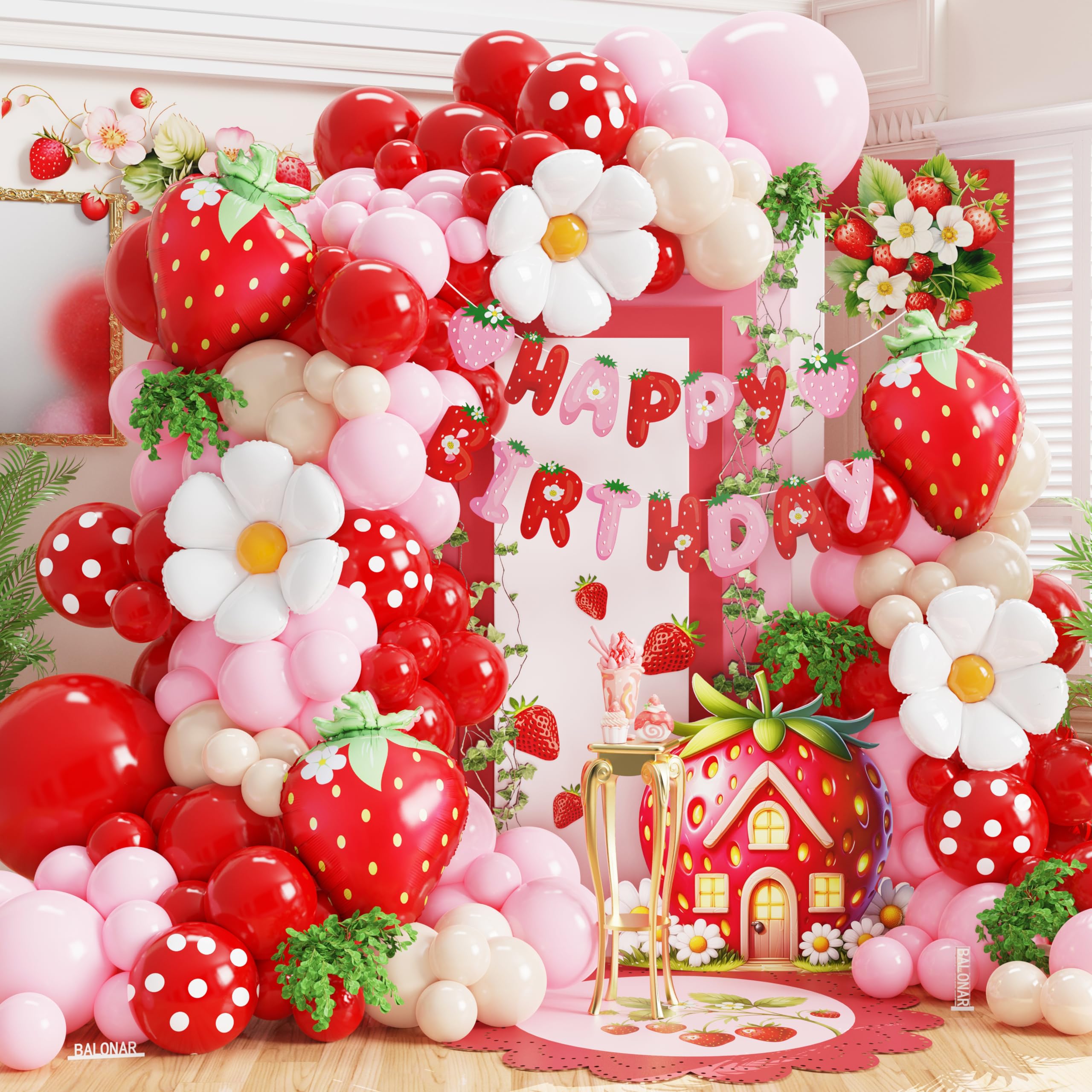 Photo 1 of 123pcs Strawberry Balloon Arch Kit Red and Pink Balloons with Daisy Strawberry Foil Balloons Happy Birthday Banner for Berry First Birthday Decor Strawberry Themed Baby Shower Decorations