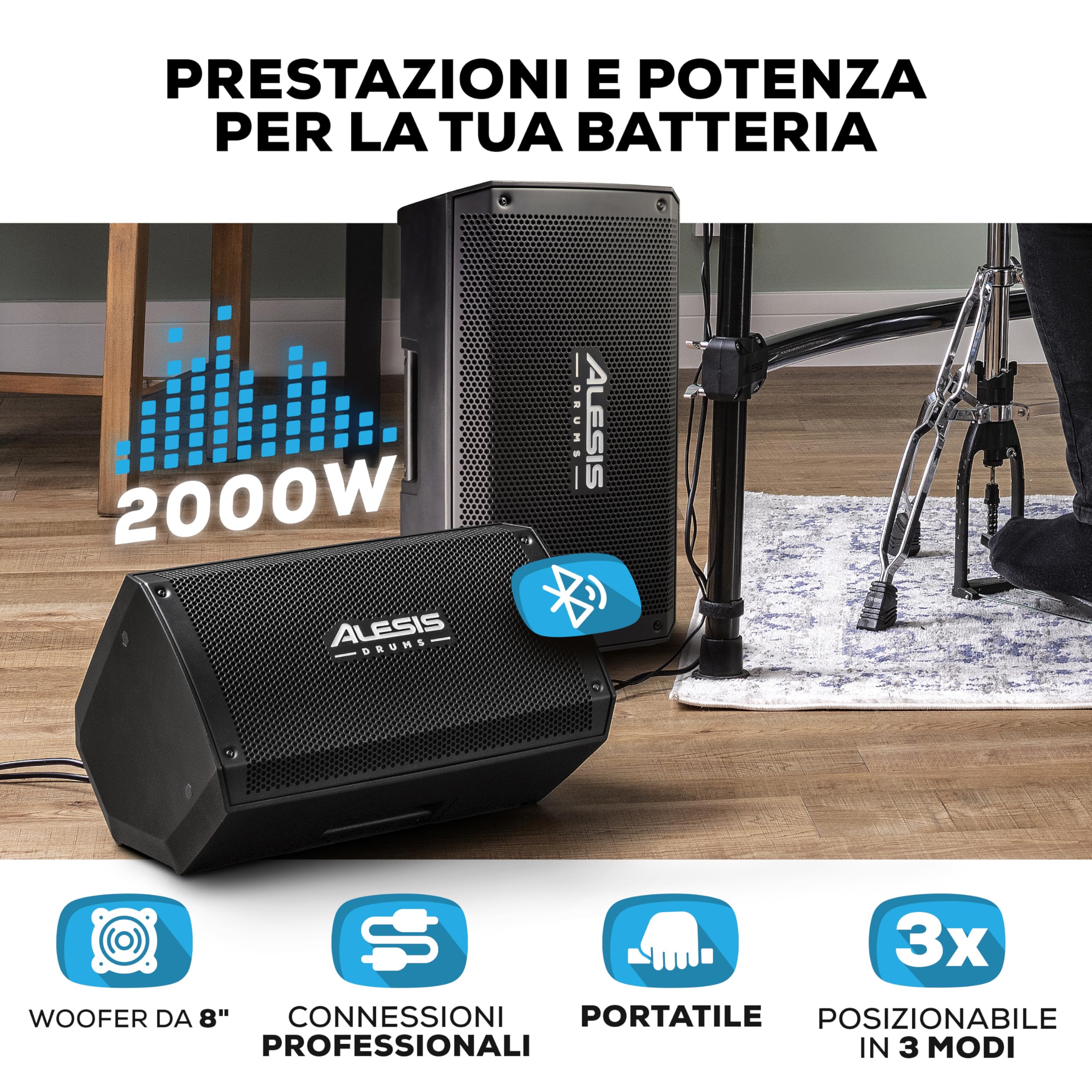 Alesis Strike Amp 8 MK2 - Amplificatore da 2000 W per batteria elettronica con Bluetooth, woofer da 8", EQ HPF e switch per messa a terra