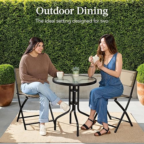 Miniatura 3 de Best Choice Products Juego de muebles de comedor de 3 piezas con mesa de vidrio texturizado, 2 sillas plegables de acero, tela de poliéster, color