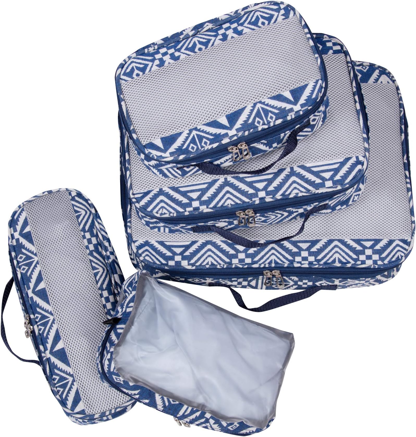 Handy Sandy Deluxe 5 PC Travel Packing Cube Luggage Organizer Accessory Set - Navy Aztec