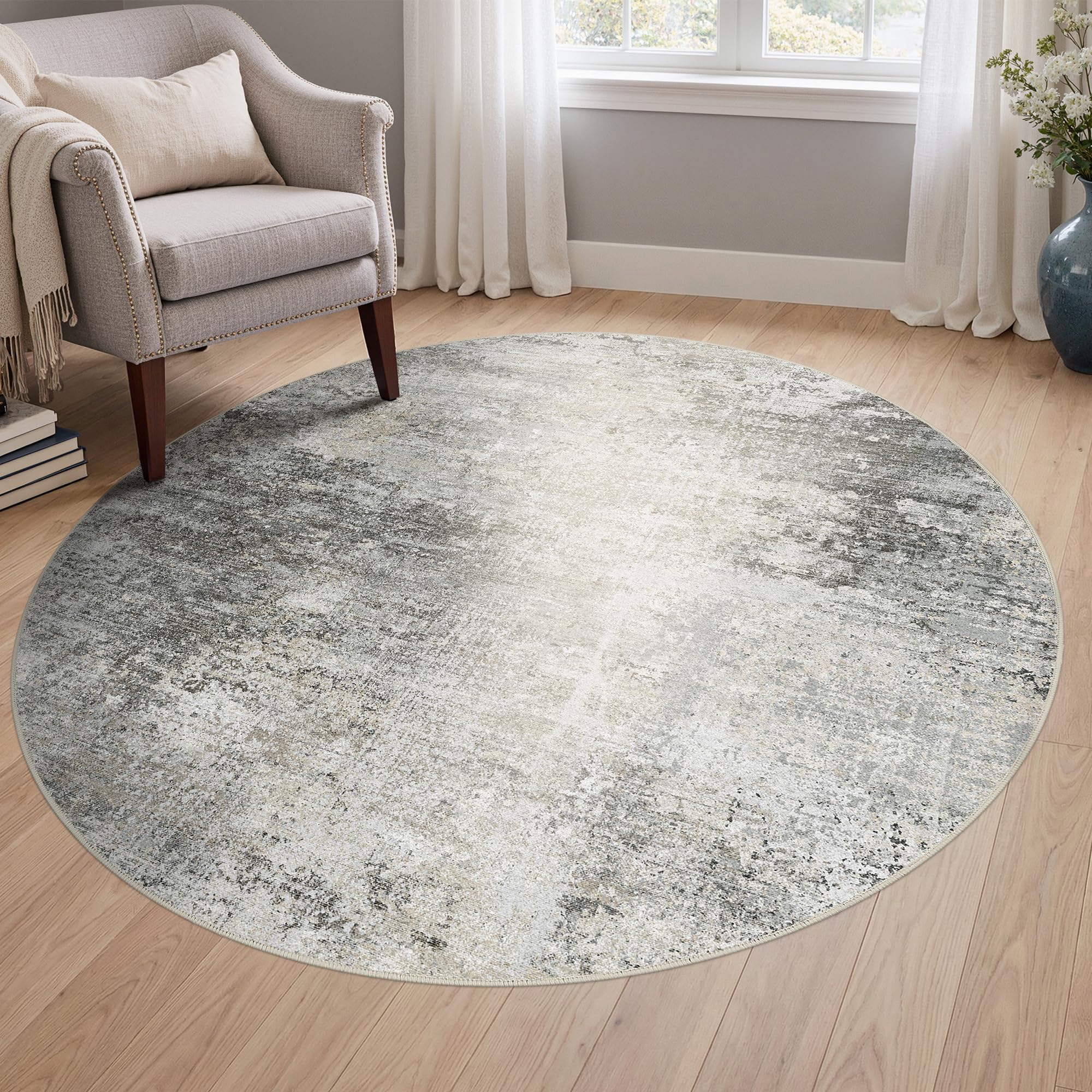 BEIMO Circle Washable Rug 120cm – Soft Abstract Area Carpet Non-Slip Backing, Machine Washable Bedside Rugs for Bedroom, Living Room & Nursery, Grey and Beige