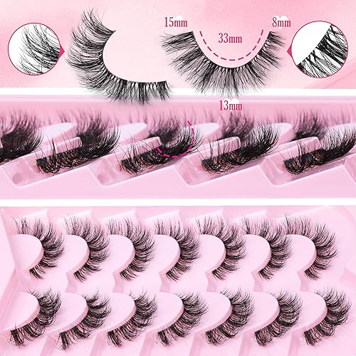 Miniatura 4 de FANXITON Pestañas de visón con banda transparente, esponjosas de 0.59 pulgadas con pegamento, pestañas postizas de aspecto natural, paquete de 7