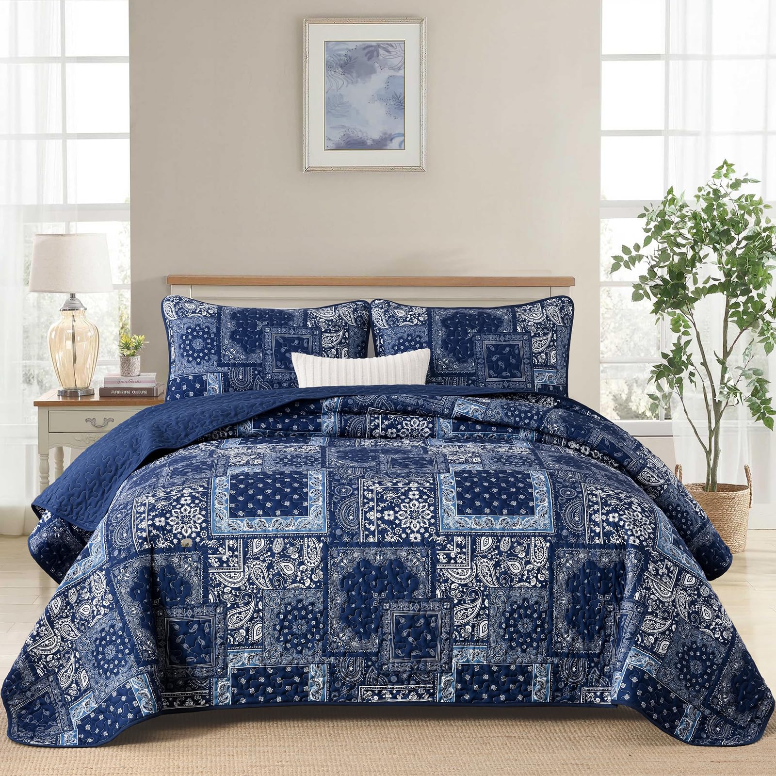 Cottolester Blue Full Quilt Set, 3 Pcs Boho Patchwork Bedspread Set
