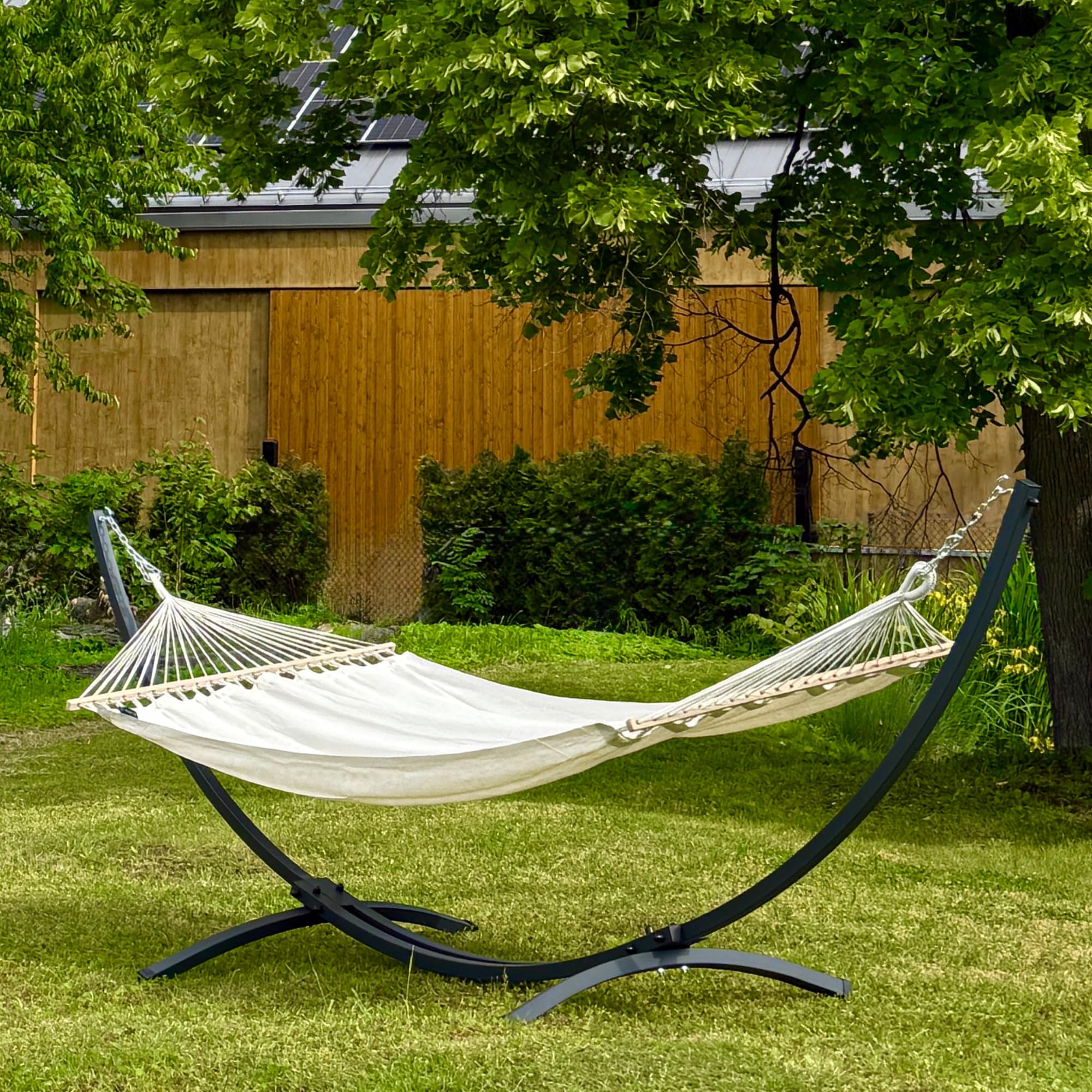 Potenza Support Hamac Grande 370 cm | Acier Galvanisé à Chaud et Laqué en Poudre | Structure Cintrée sans Soudure | pour 2 Personnes | Charge 220 kg | Testé jusqu'à 350 kg | Fabriqué en UE