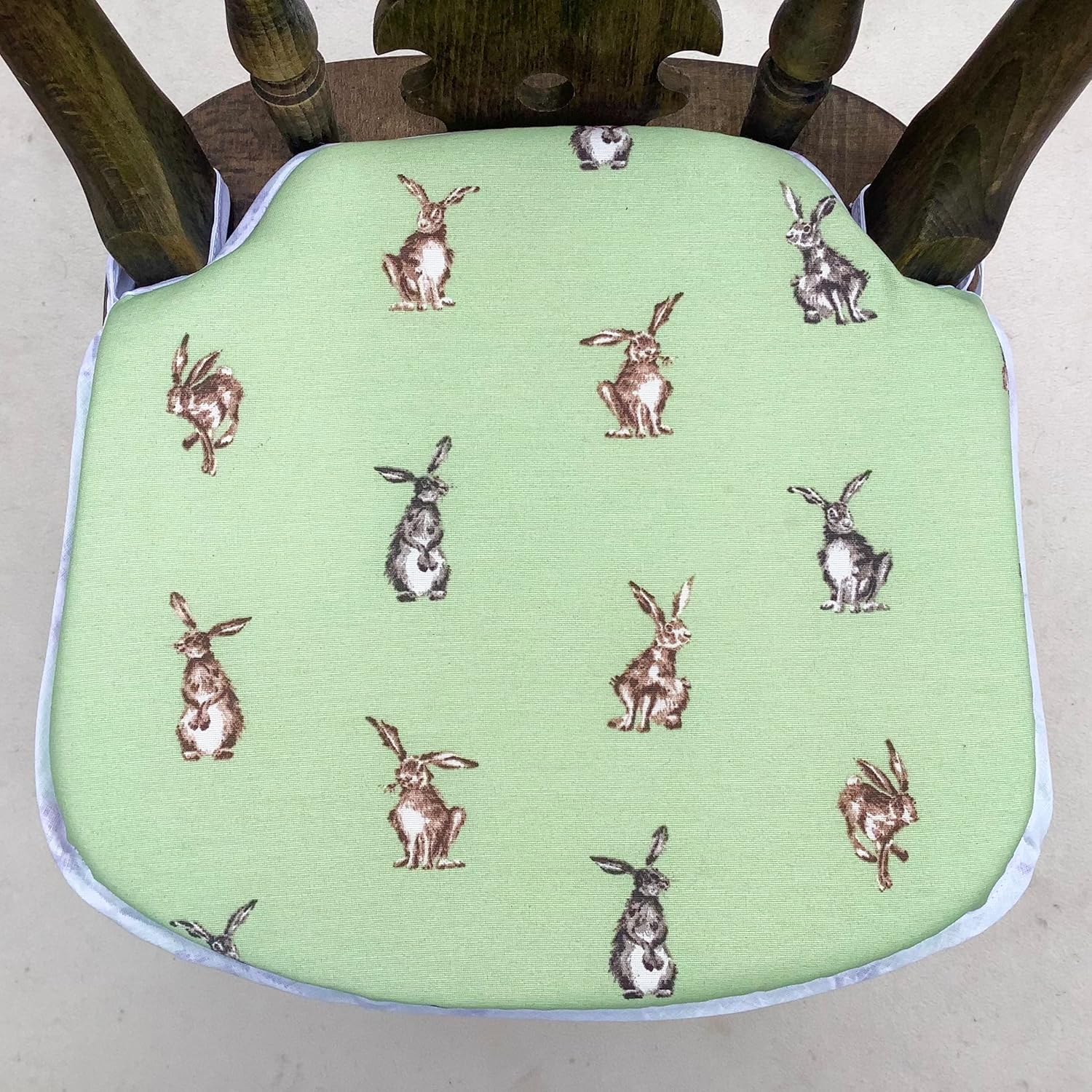 Smaller Spindle Back Chair Seat Pads, Light Green Country Hares Print