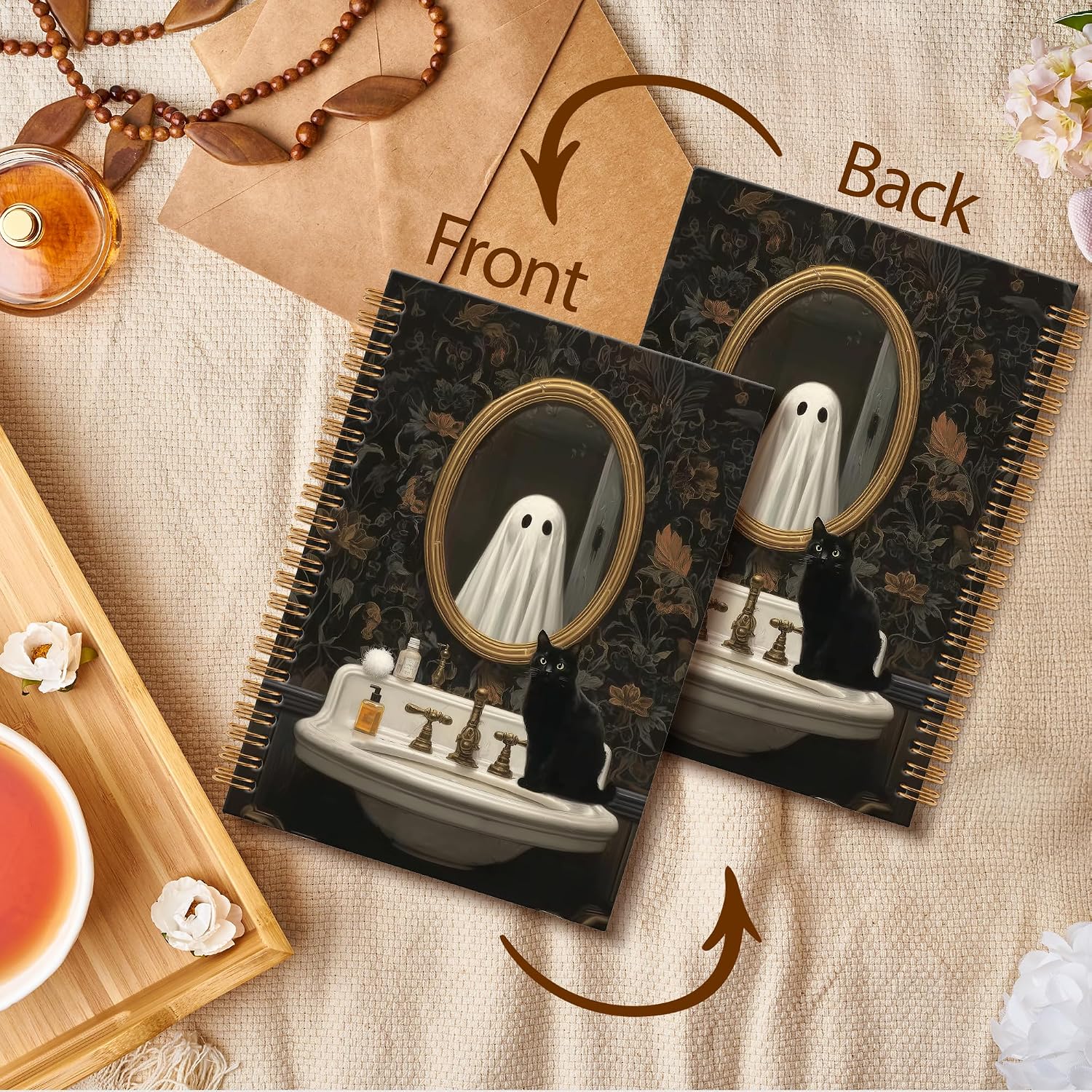 Halloween Cute Ghost Notebook Journal, Dark Moody Black Cat Ghost Spiral Notebook, Fall Spooky Ghosts Notebooks Gifts for Women Men, Autumn Halloween School Office Supplies, 6x8.2In image 5