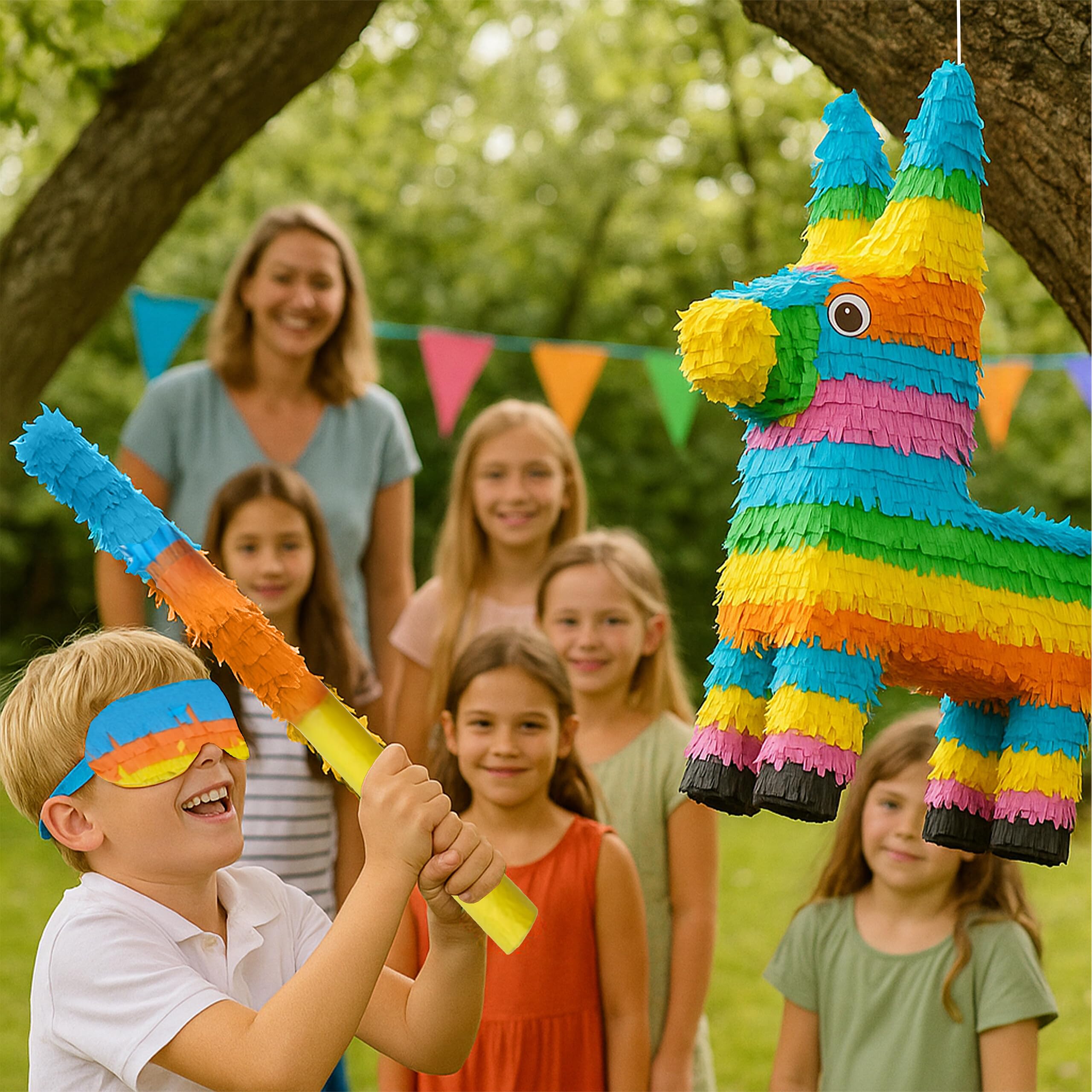Relaxdays Piñata de Burro con Palo y máscara, para Fiestas y cumpleaños, Colorida, 56 x 41 x 13 cm