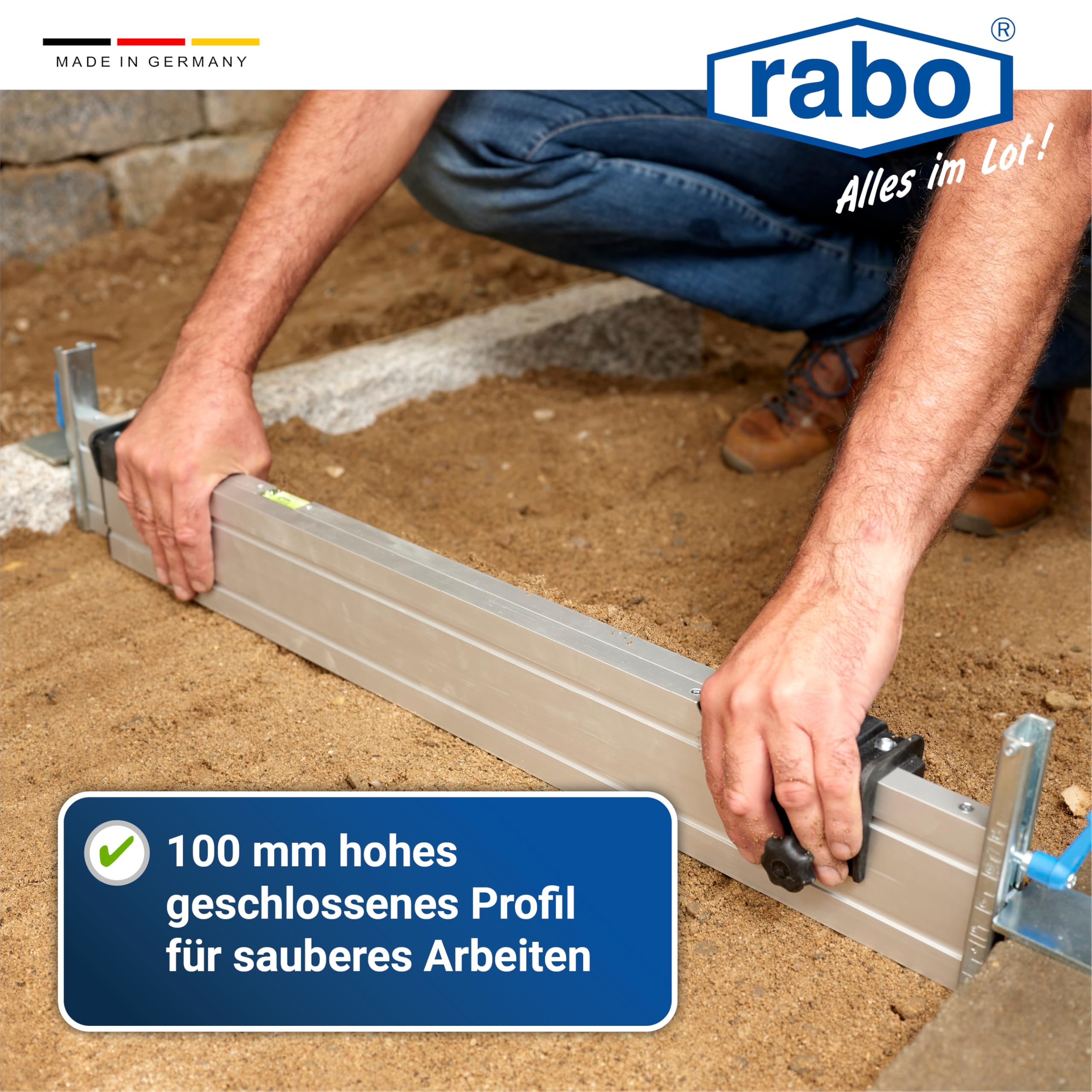 RABO Abziehschiene 2,30–4,00 m stufenlos verstellbar | zum Abziehen und Planieren von Splitt, Kies & Sand im Garten- und Landschaftsbau | mit 2 verstellbaren Höhenanschlägen C-Schiene (0–11 cm) | Alu