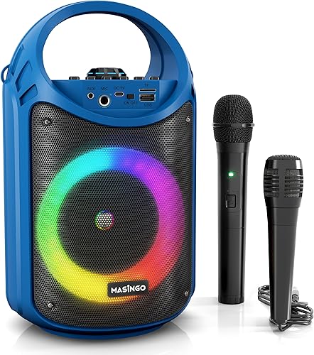 Miniatura 37 de MASINGO Máquina de karaoke para niños y adultos con 1 micrófono inalámbrico de karaoke y 1 micrófono con cable, altavoz portátil PA con luces LED