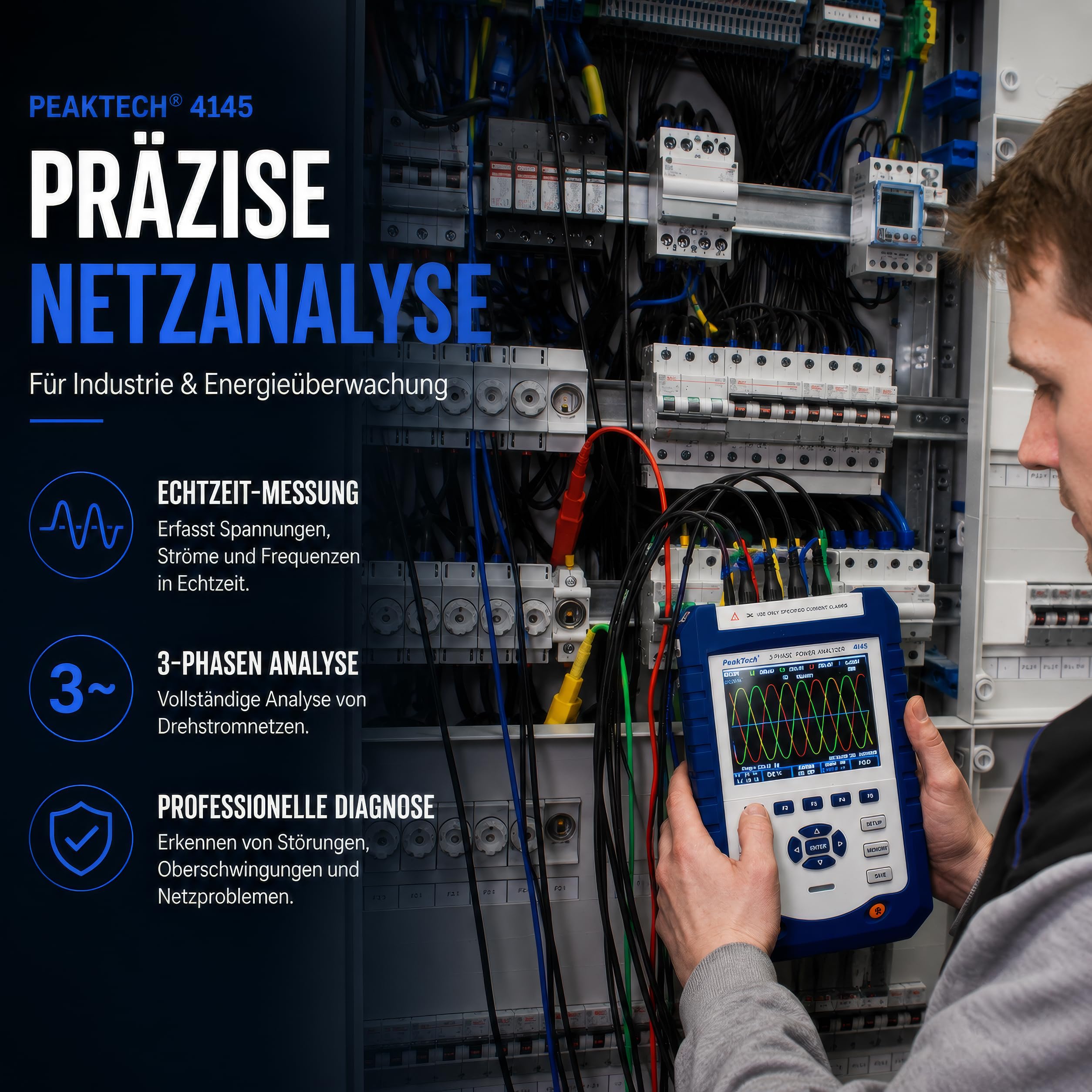 PeakTech P 4145 3-Phasen Leistungsanalysator Netzanalysator LAN USB TFT-Farbdisplay Datenlogger CAT III 1000 V