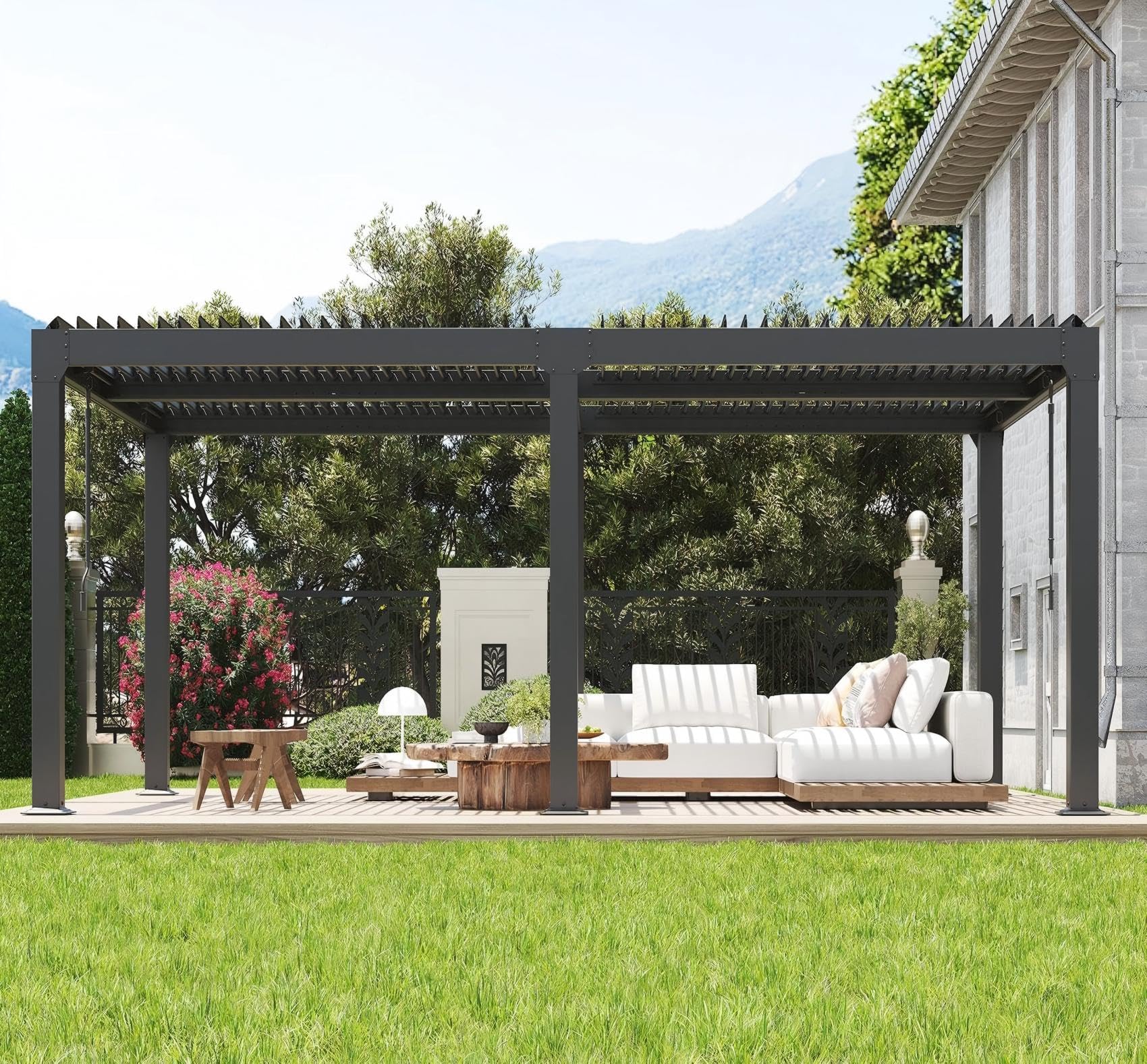 Louvered Pergola, 20×10 FT Outdoor Aluminum Pergola with Adjustable Louvered Roof, Easy Assembly, Modern Backyard Pergolas for Patios and Gardens