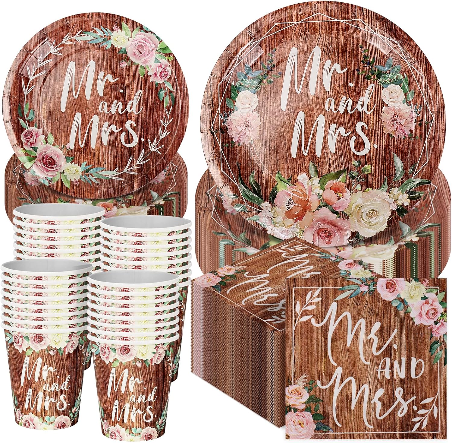 250 Pcs Rustic Wedding Guest Tableware Set for 50 - Vintage Wood Grain "Mr and Mrs" Disposable Paper Plates, Cups & Napkins - Heavy Duty Dinnerware Set for Bridal Shower & Engagement Party