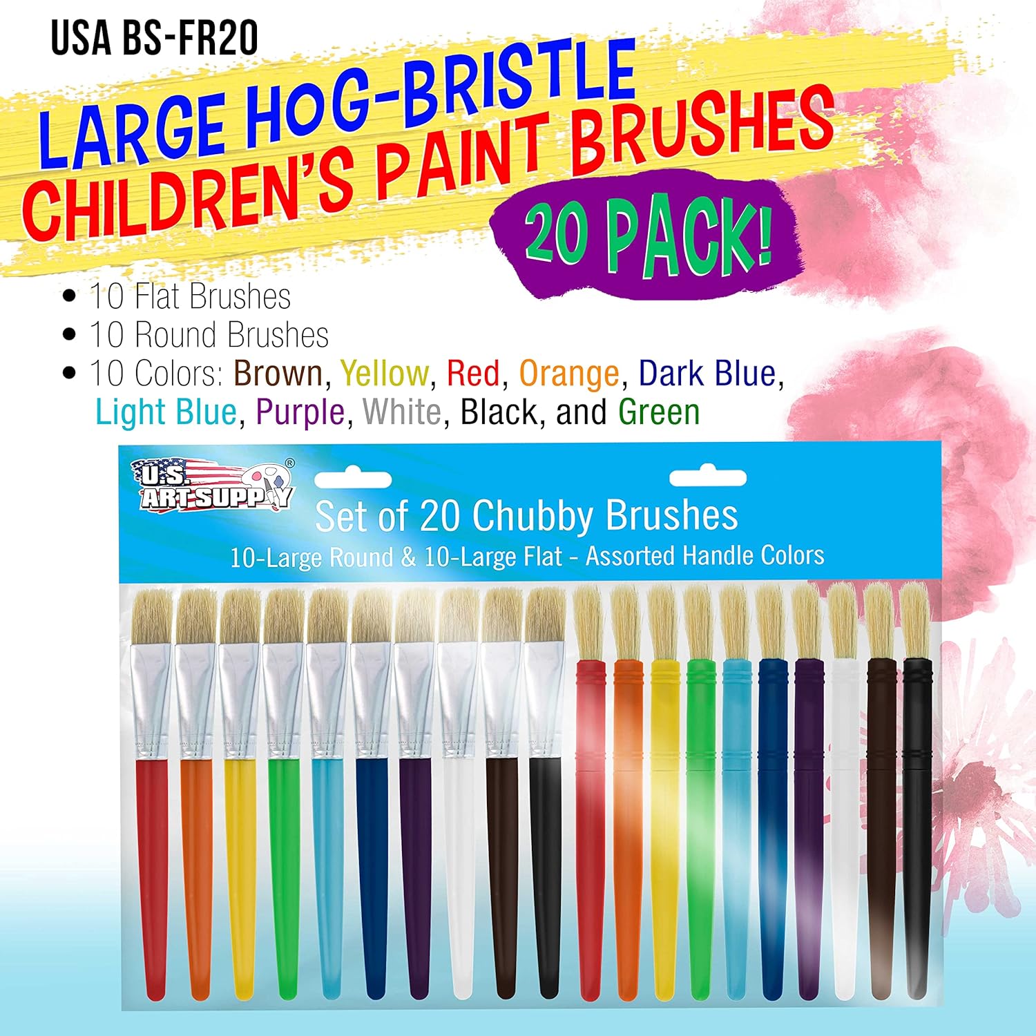 U.S. Art Supply 20-Piece Large Round and Flat Children's Hog Bristle Tempera Paint Brush Set - Fun Kid's Party, School, Student, Class Craft Painting - Beginners Starter Artist Painting Brush Kit : Toys & Games