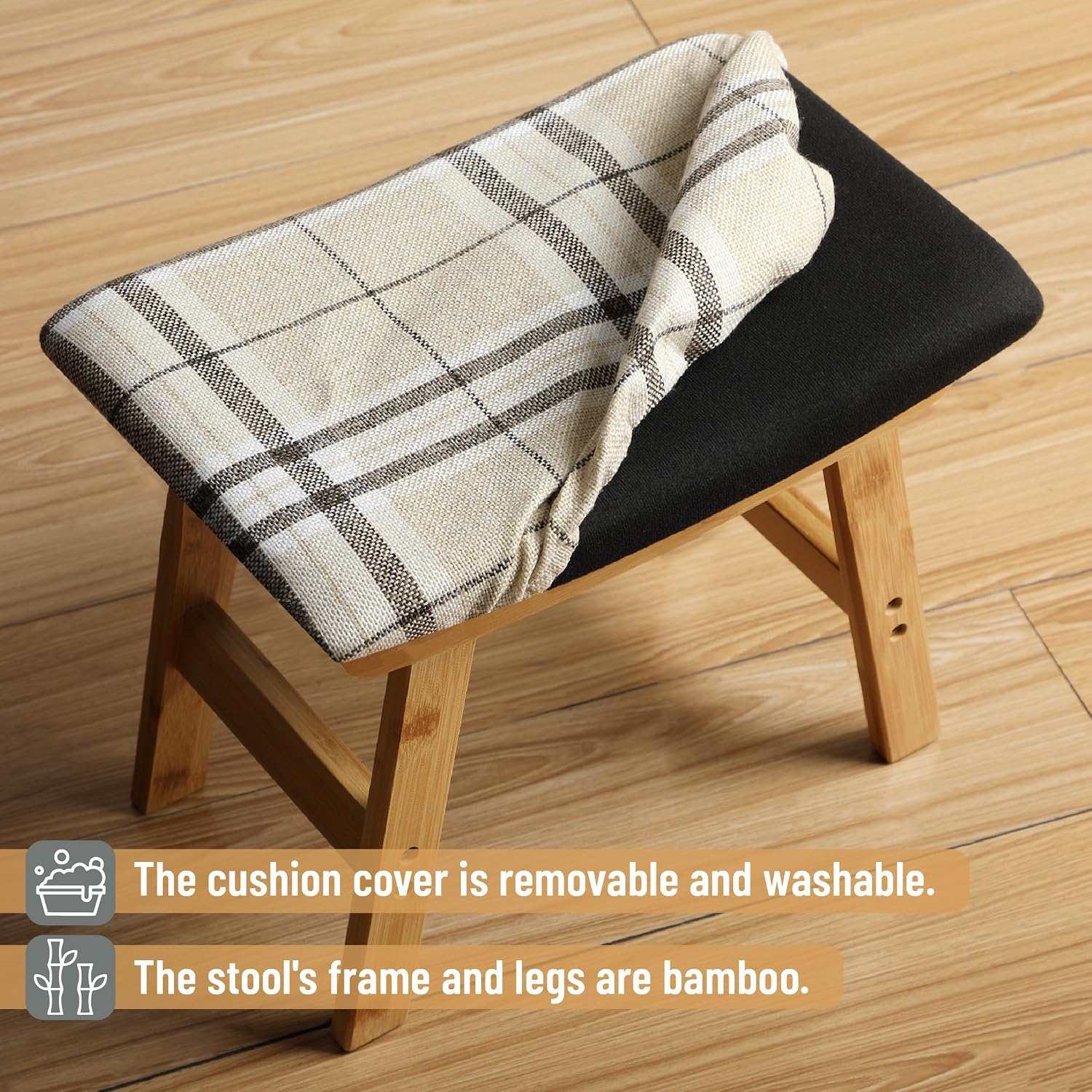 BAMBOO LAND- Bamboo Foot Stools Ottoman, Stripes Beige Cushion & Natural Wood Legs, Small Ottoman Foot Rest for Couch