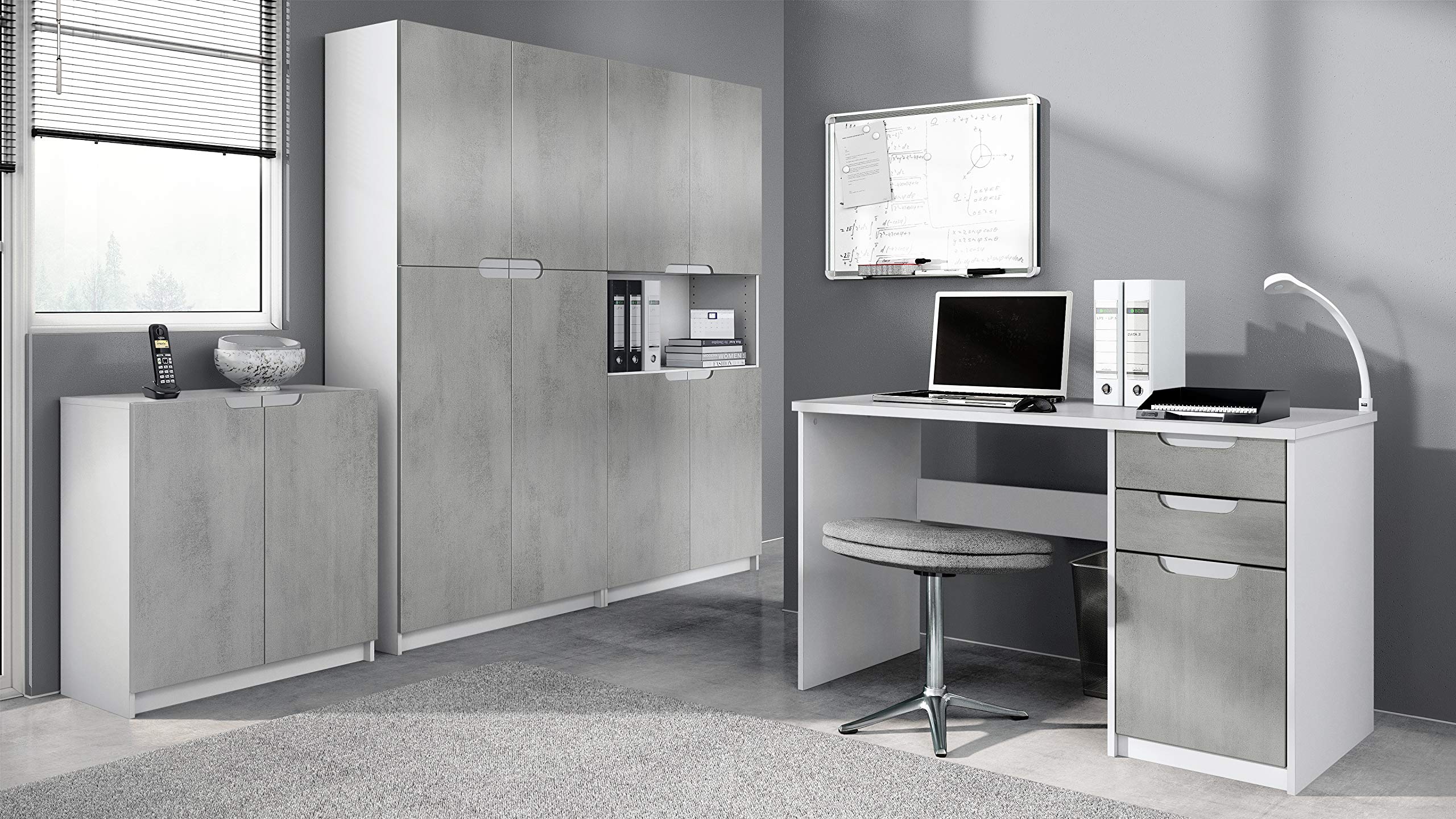 Vladon Set di mobili per Ufficio Armadio e scrivania Logan, Struttura in Bianco Opaco/Frontali in Ottica cermento ossido