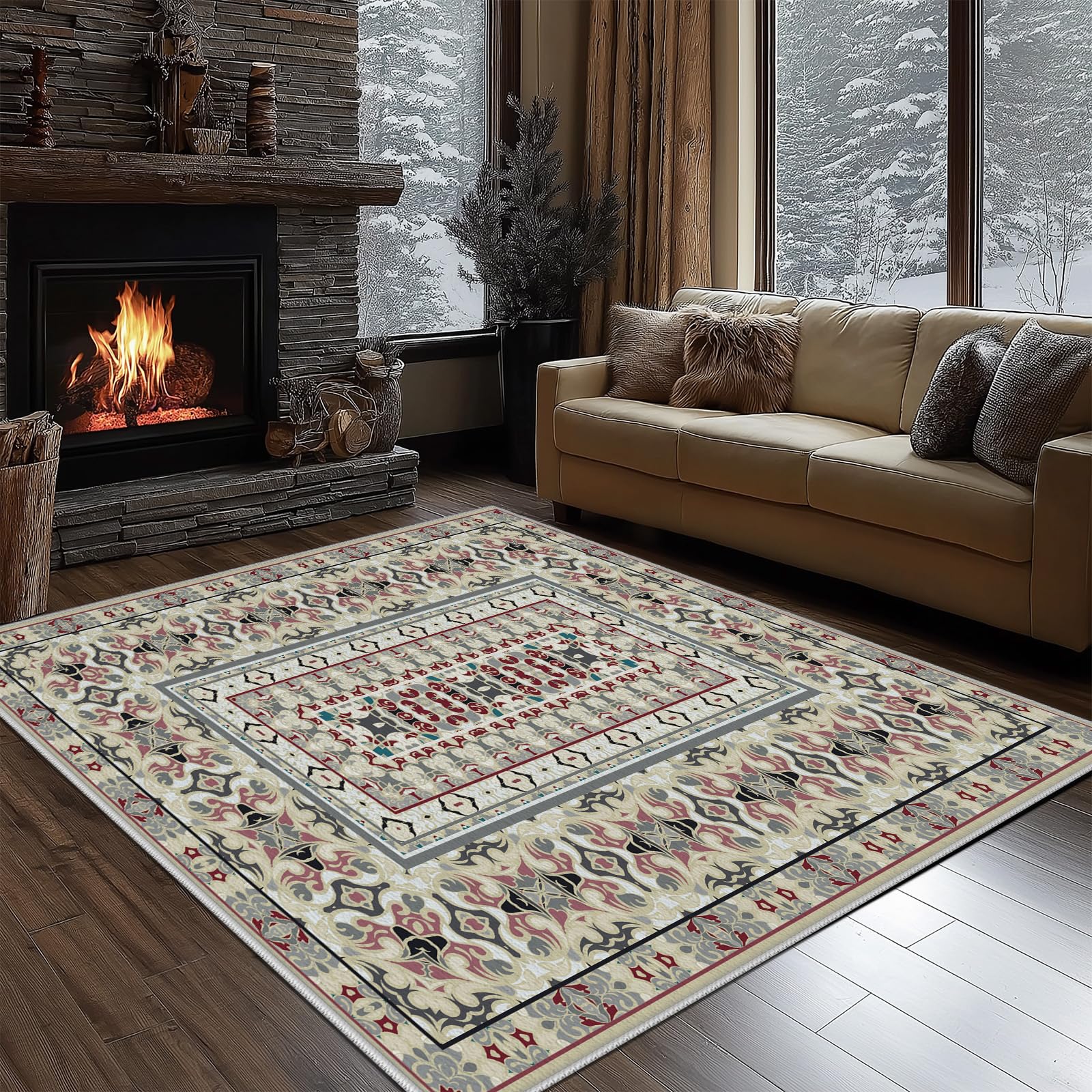 Tapis de salon ethnique 160x230 lavable et antidérapant pour chambre et cuisine