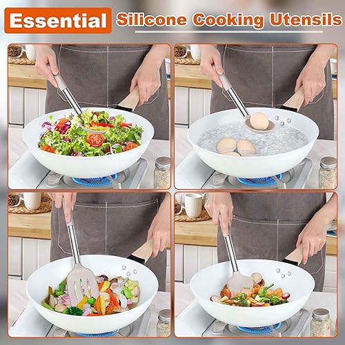 Miniatura 6 de LIANYU Juego de 4 utensilios de cocina de silicona, resistentes al calor, mango de acero inoxidable, apto para lavavajillas, color caqui