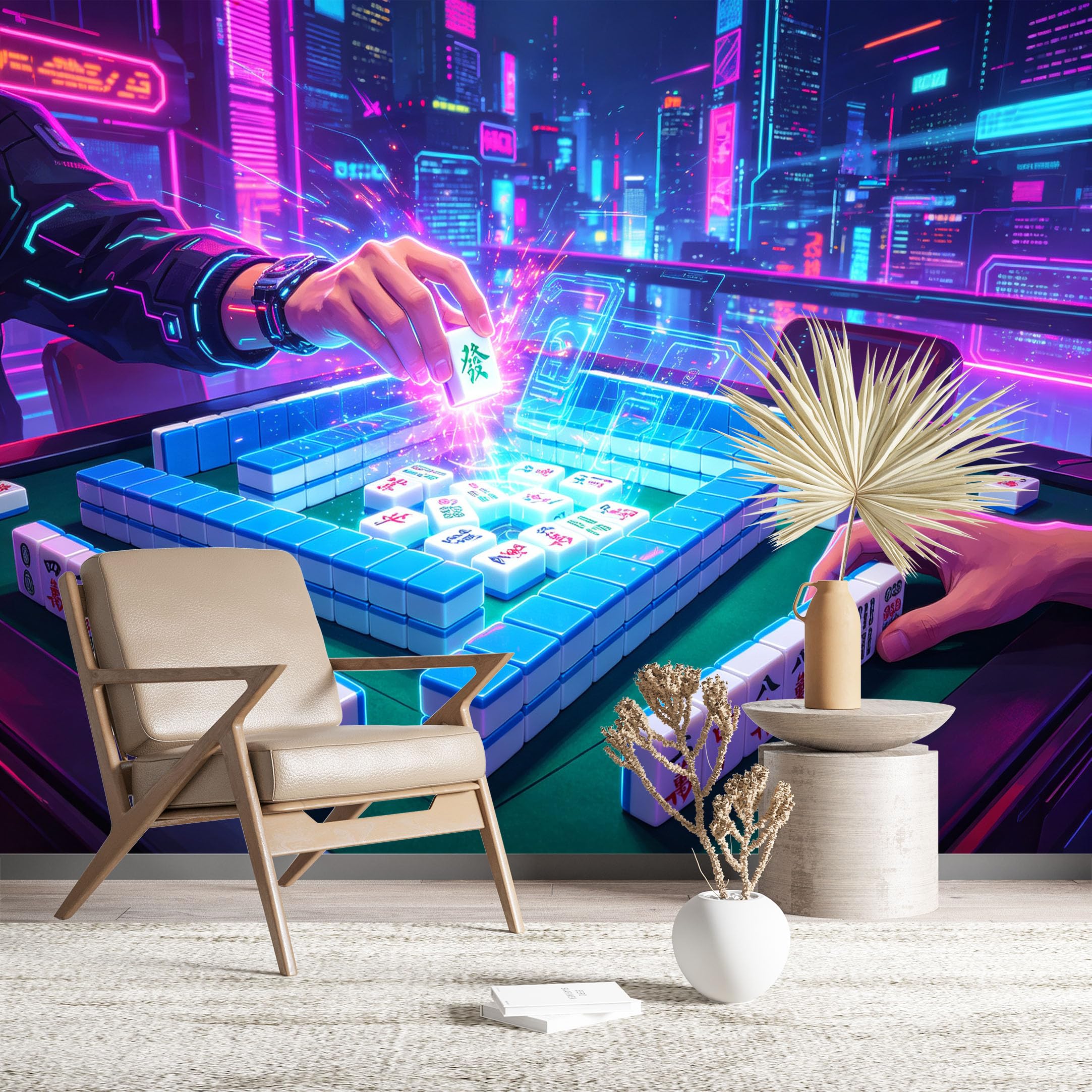Custom Size Wall Murals Neon City Mahjong Game Scene Wall Murals Fantasy Wallpaper Wall Stickers Self-Adhesive Removable Wallpaper for Living Room Home Decor