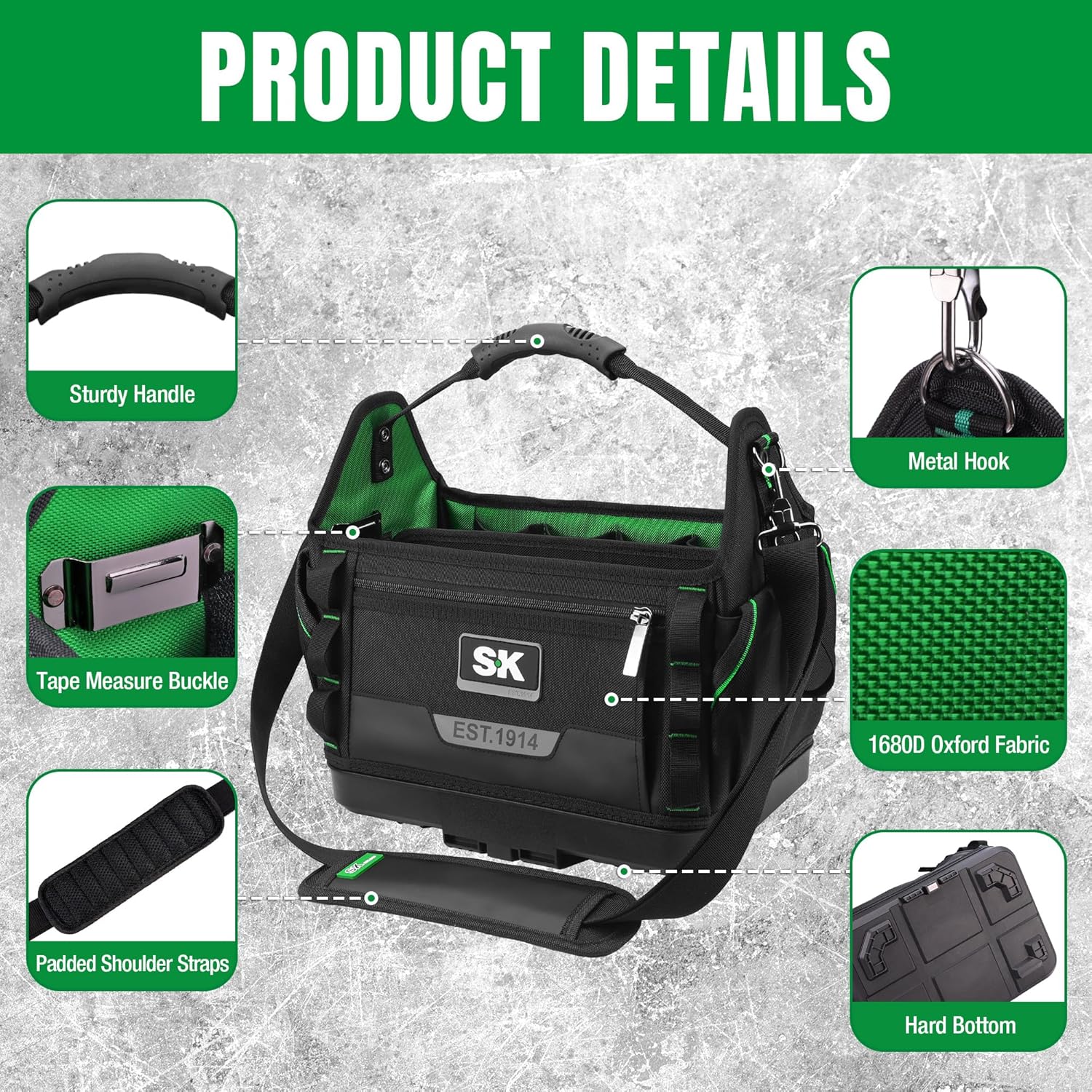 SK 15-Inch Open Top Tool Bag, Heavy Duty Tool Tote with 28 Pockets, Tool Bag Organizer with Padded Shoulder Strap and Ergonomic Handle, 1680D Fabric with Waterproof Hard Base