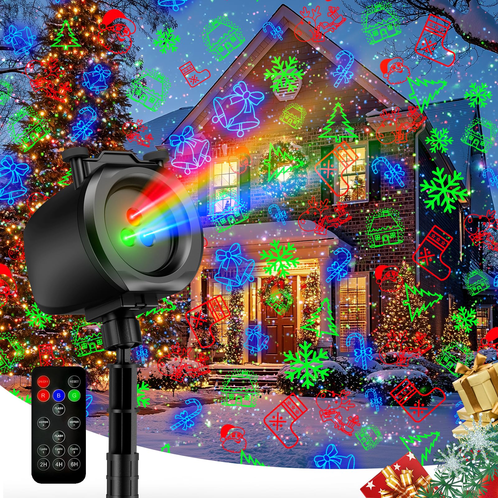 Weihnachtsbeleuchtung Projektor Aussen, 2 in 1 Urlaub Licht Projektor mit 4 Folien & 8 helleren HD Mustern, Bewegliche RGB Glühwürmchen Effekte Licht für Weihnachtsdekorationen, Halloween, Hof