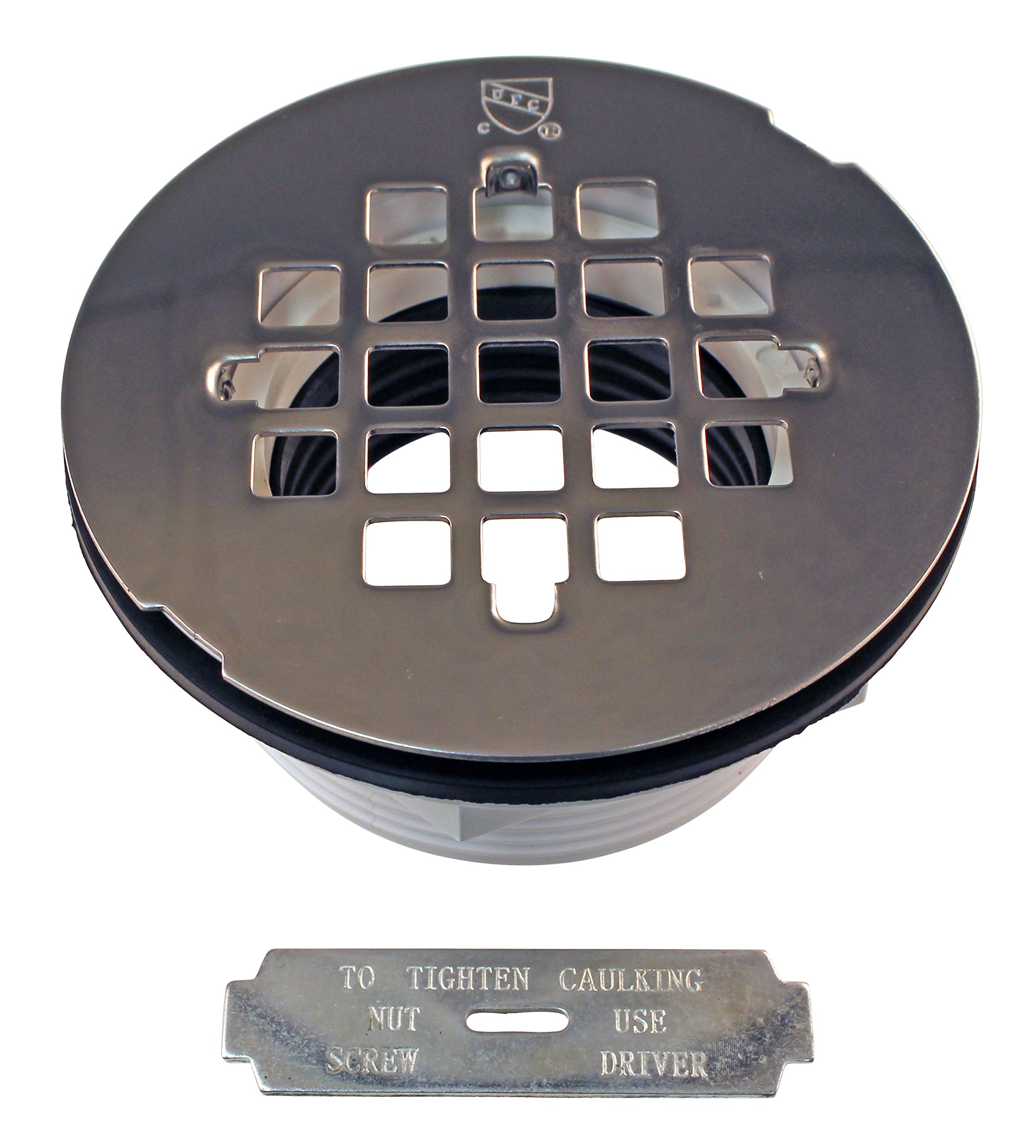 Westbrass D206P-26 2" No-Caulk PVC Compression Shower Drain with 4-1/4" Round Grid Cover, Polished Chrome