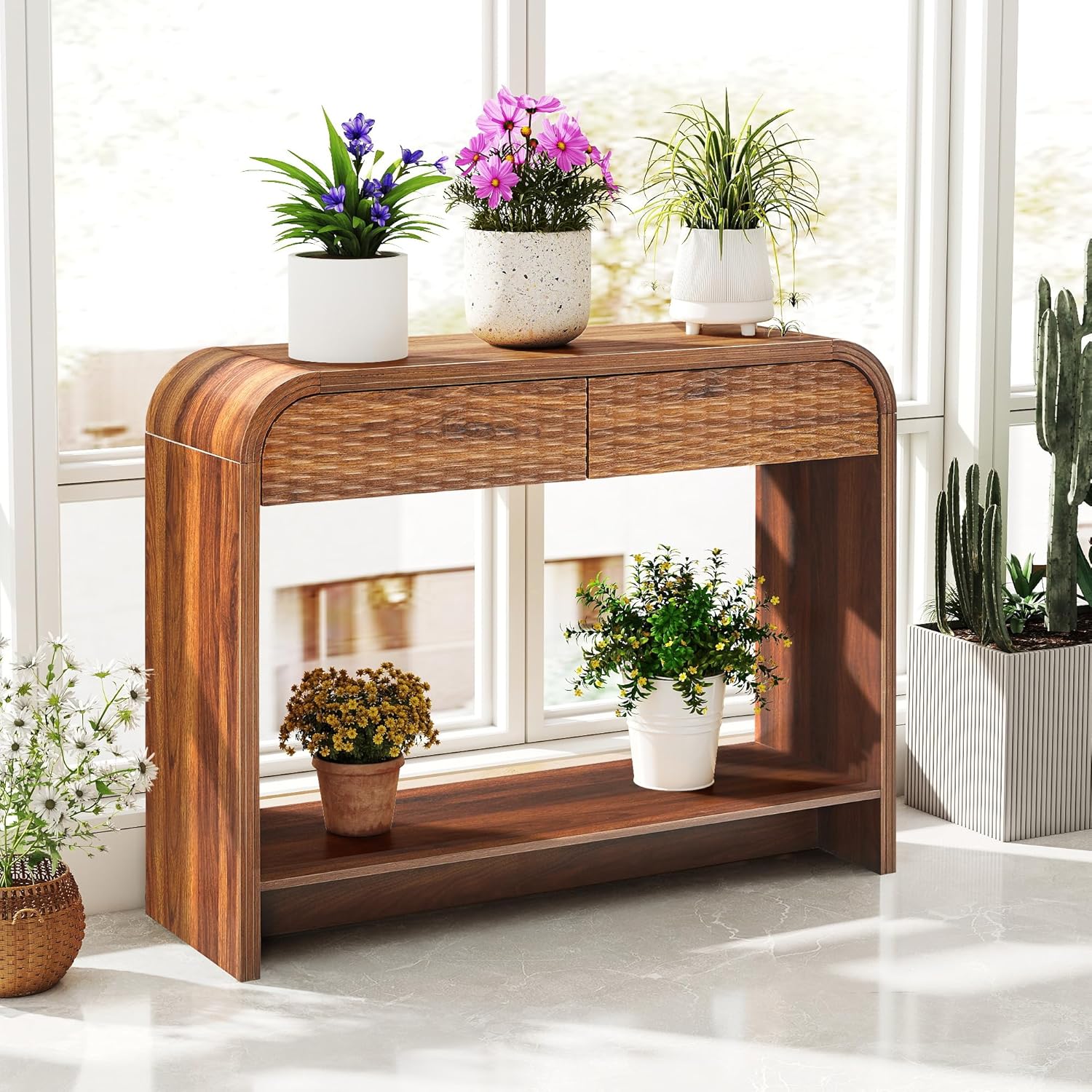 Curved Console Table Arch with Storage, Narrow Entryway Table with Drawers, 43.3'' Couch Table Behind Sofa Long and Skinny for Living Room TV, Hallway Entrance Foyer, Mid Century Farmhouse Rattan