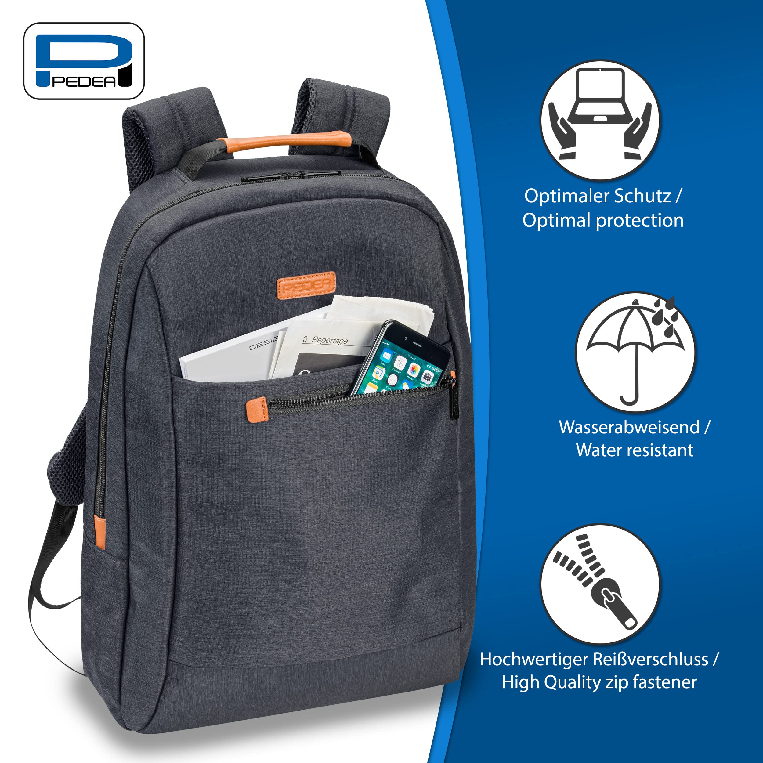 PEDEA Zaino business per laptop Elegance per notebook con schermo fino a 17,3 pollici (43,9 cm); borsa a tracolla con scomparto per tablet fino a 11" (27,96 cm), grigio