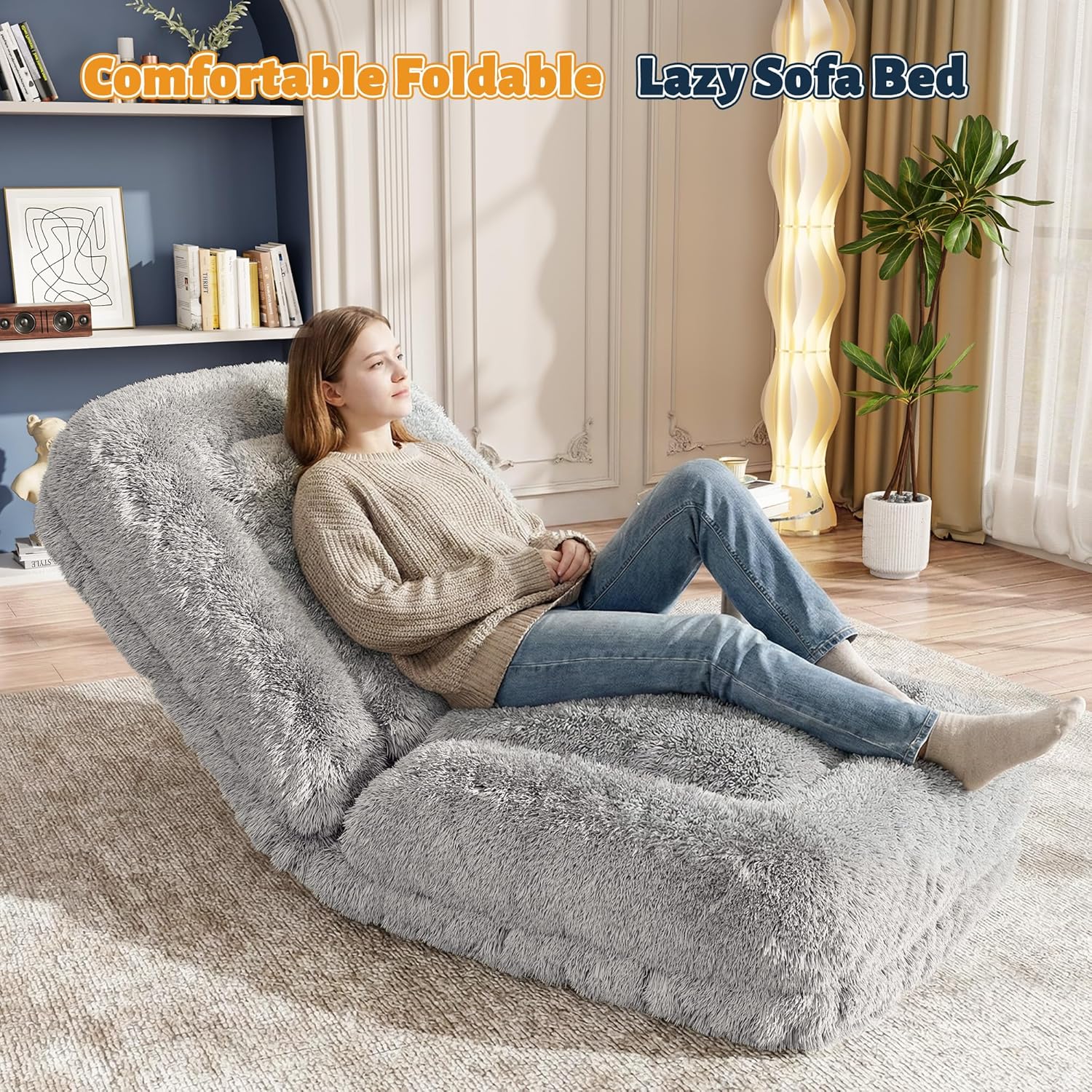 JUMMICO Human Dog Bed, Adjustable Large Dog Bed with Pressure Relieving Memory Foam, Faux Fur Washable Human Size Dog Bed with 2 Soft Cushions for Bedroom, Living Room (Gray)