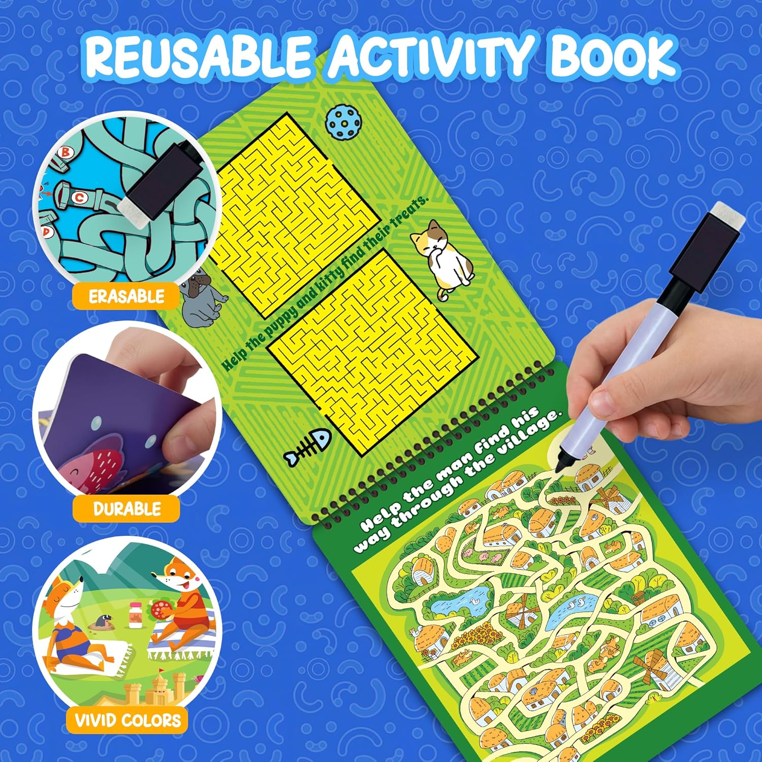Travel Reusable Activity Books- 2 Pack - Travel Games for Kids, Roads Trip Car Games & Activities Must Haves Essentials, Airplane Activities for Kids, Includes 20+ Learning Games in Each Book