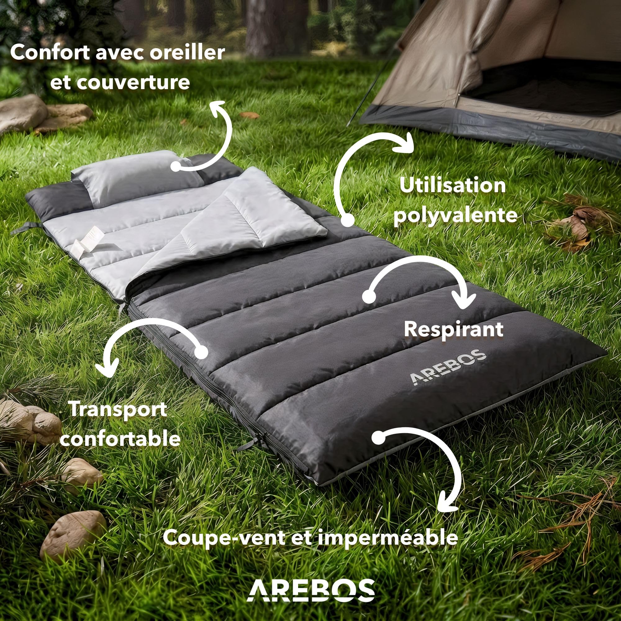 Arebos Sac de Couchage avec Oreiller & Couverture Polaire | 220 x 83 cm | Sac de Couchage Adulte Camping | 0-25°C | Déperlant | Sac de Compression
