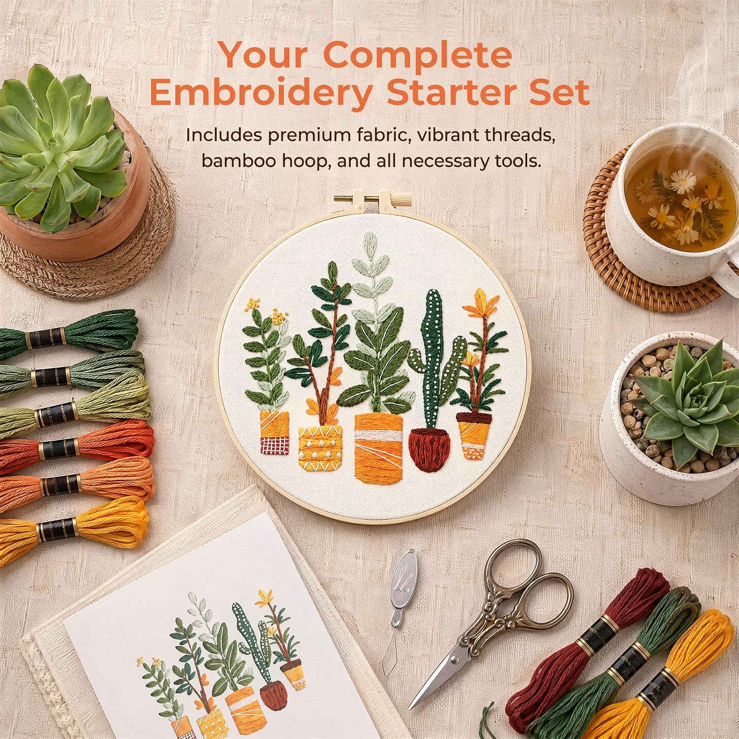 Huacan Embroidery Kit for Adult, Green Plant Pattern Embroidery Kit Include Embroidery Cloth Hoops Threads for Craft Lover