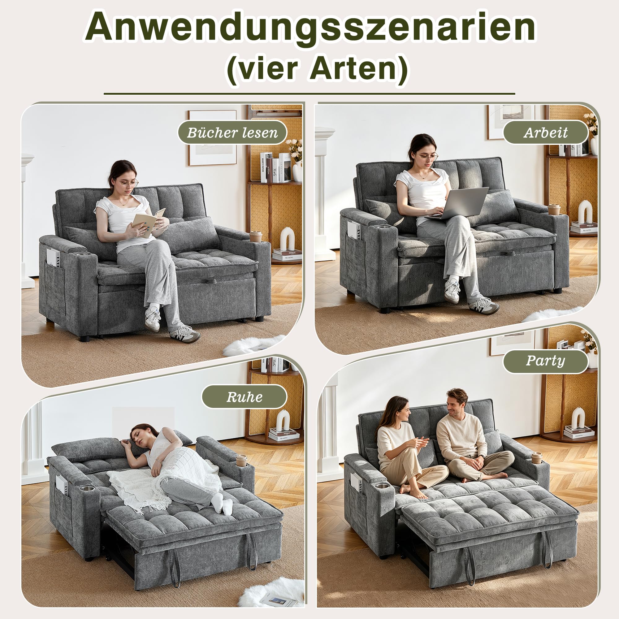Canape Dangle Convertible, Canapé 2 Places Convertible 142cm, 3-en-1 Canapé Lit avec Fonction Relax, 2 Coussins Lomabires, Rangements Intégrés, Poches Latérales et Porte-Gobelets, Gris