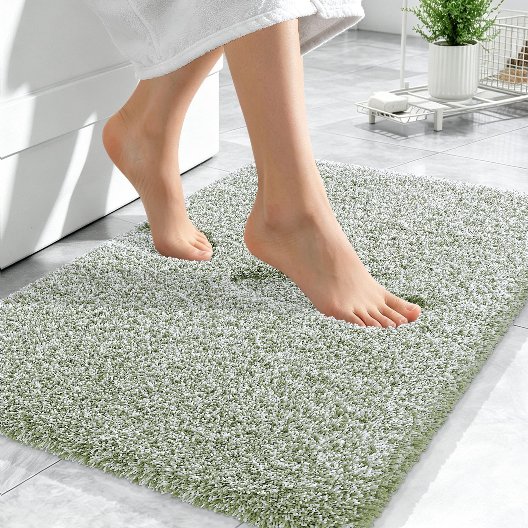 OLANLY Microfiber Bathroom Rugs 24x16, Quick Dry Mat, Sage Green and White