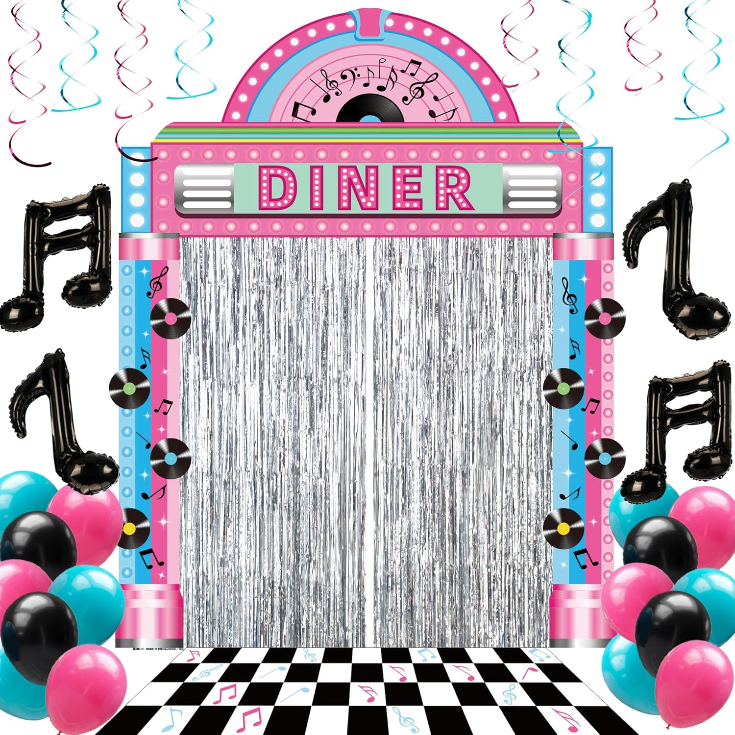 31 Pcs 50s Party Decorations 1950s Retro Diner Party Banners Black White Checkered Rug Musical Note Balloons Silver Fringe Backdrop Curtains Hanging Swirls for Rock and Roll Sock Hop Music Birthday