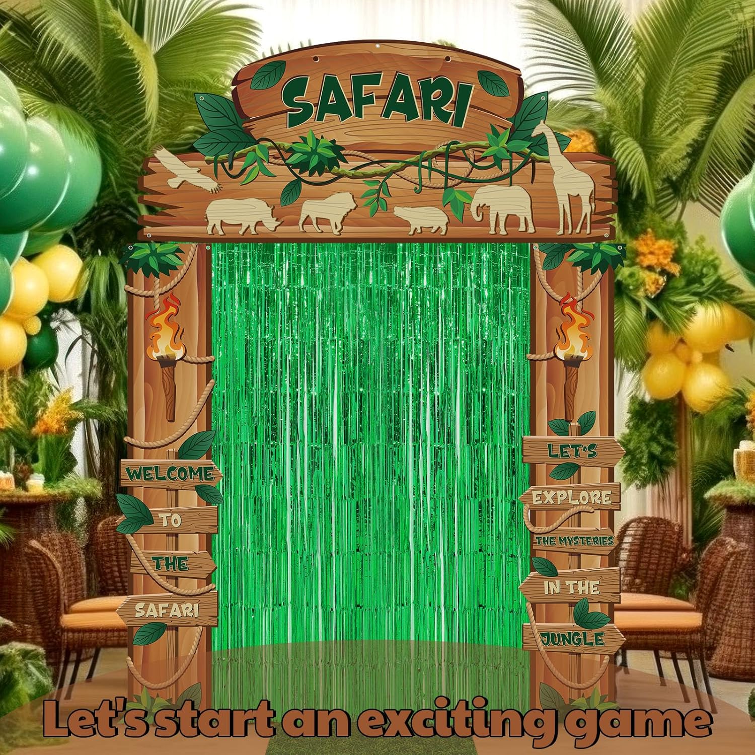 VitalCozy 7pcs Vbs 2026 Safari Party Decorations Jungle Rainforest Themed Party Porch Banners Green Rug Green Foil Fringe Backdrop Curtains for Wild Animals Birthday Photo Background Entryway Decor